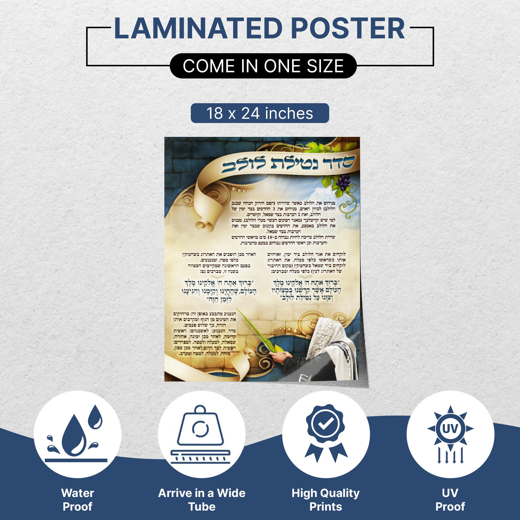 Seder Netilat Lulav Prayer Poster - Sukkot Ritual Elegance, featuring prayer text, icons, and artistic Sukkot-themed designs for enriching Jewish celebrations.