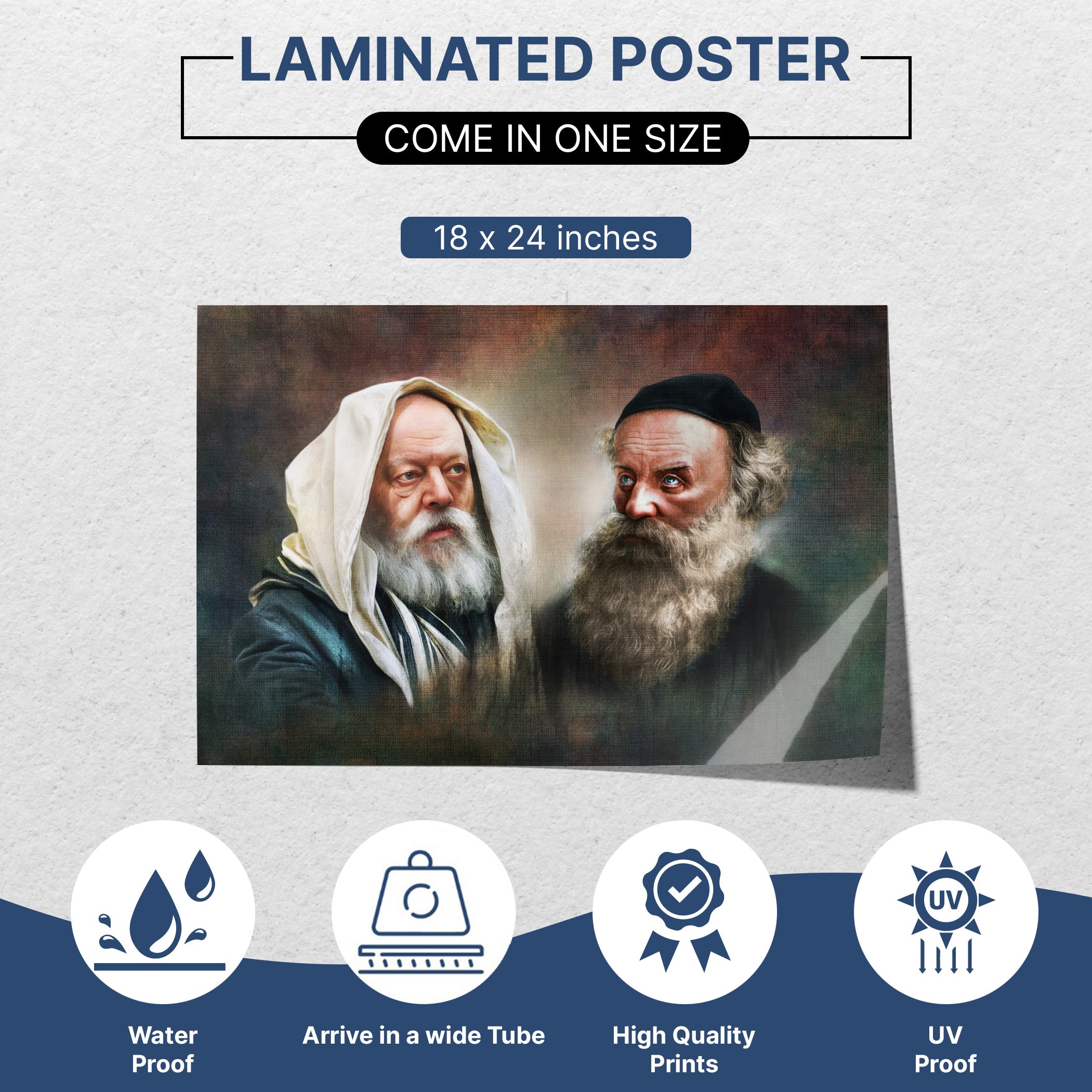Laminated Chabad portrait sukkah poster, high-quality Sukkot decor featuring Lubavitch and Alter Rebbe, 18x24 inches.