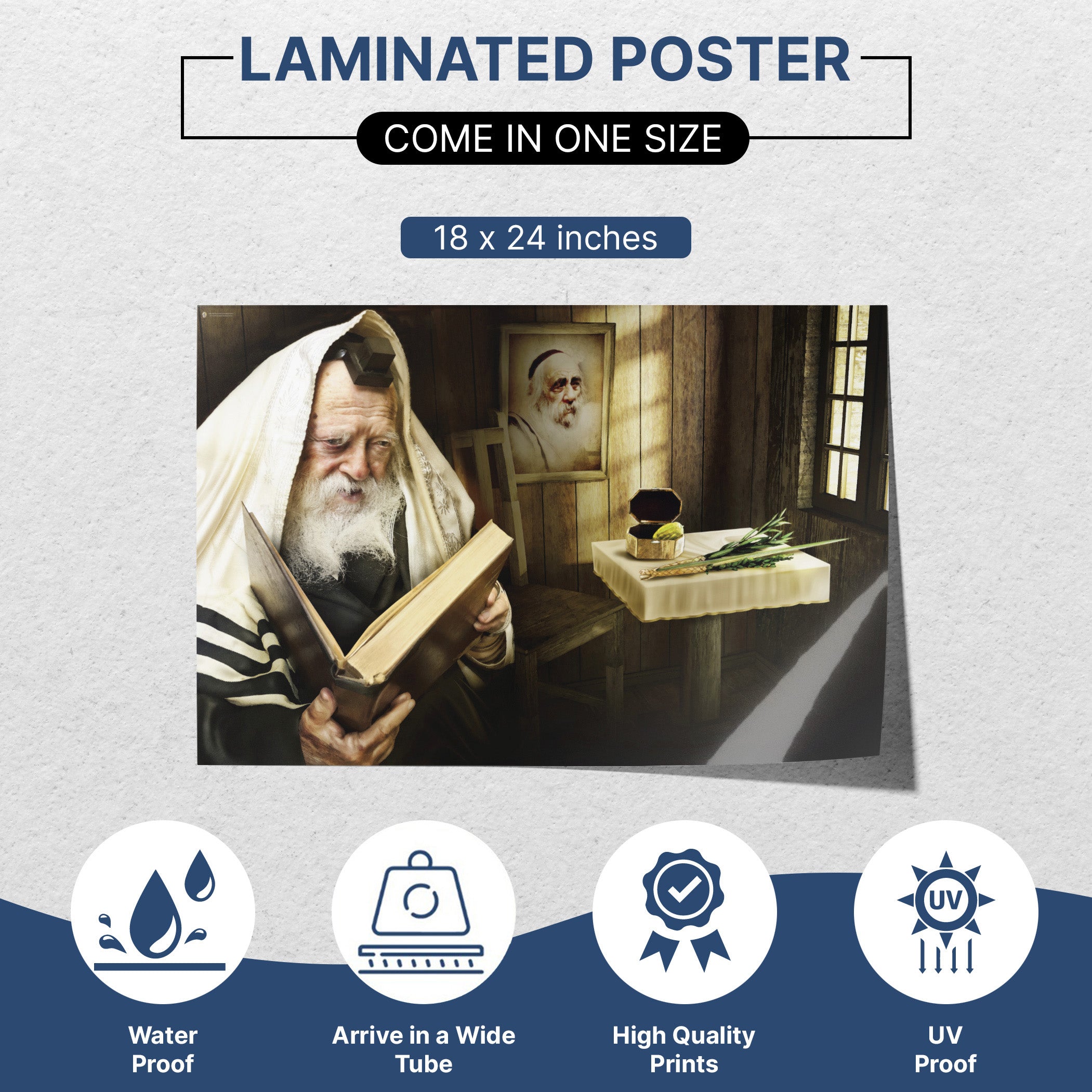 Rabbi Chaim Kanievsky – A Portrait of Wisdom for Sukkot, depicting the revered Rabbi reading a book, perfect for enhancing your Sukkah decor.