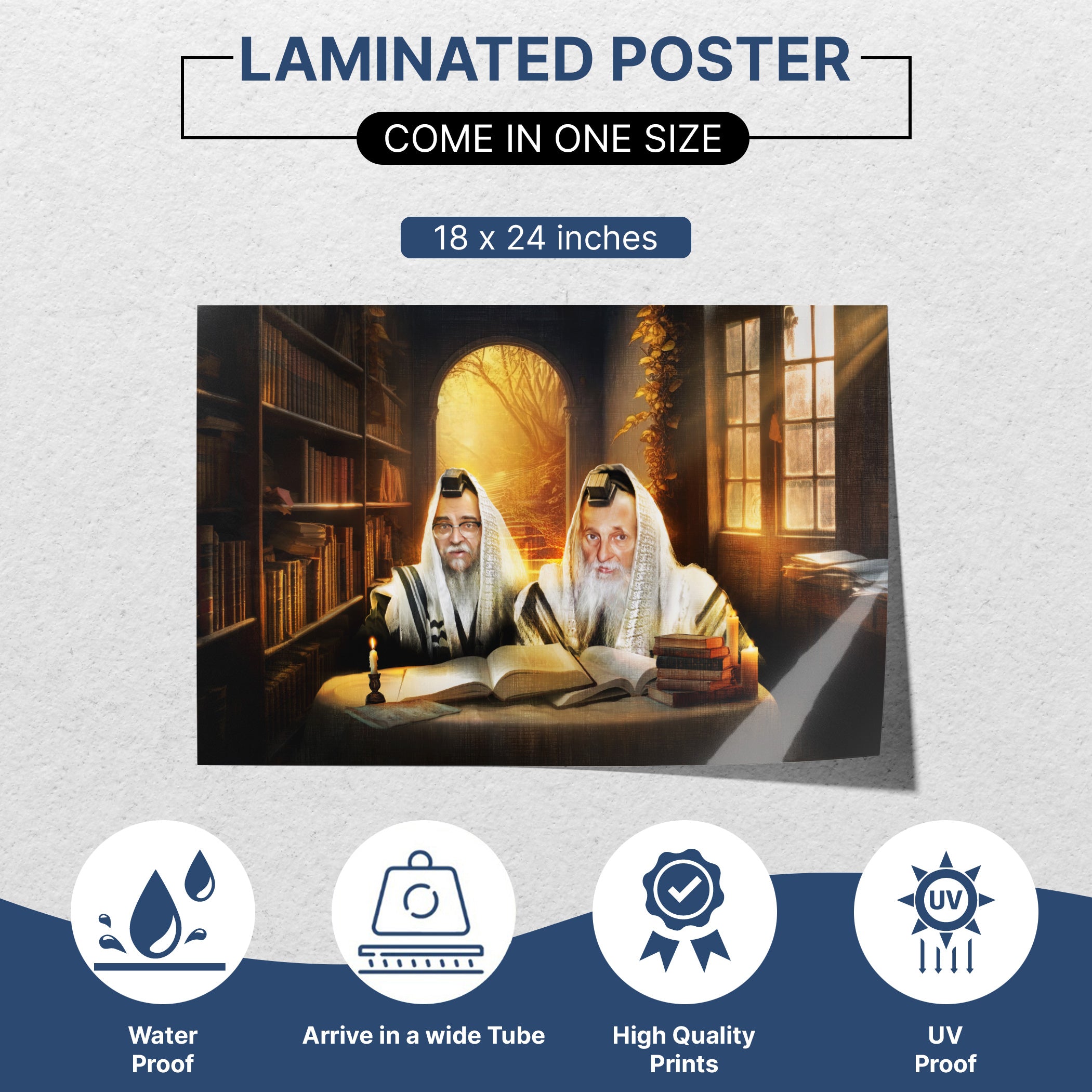 Laminated Torah study artwork for sukkah decoration featuring two Satmar Rabbis, perfect Sukkot holiday wall art.