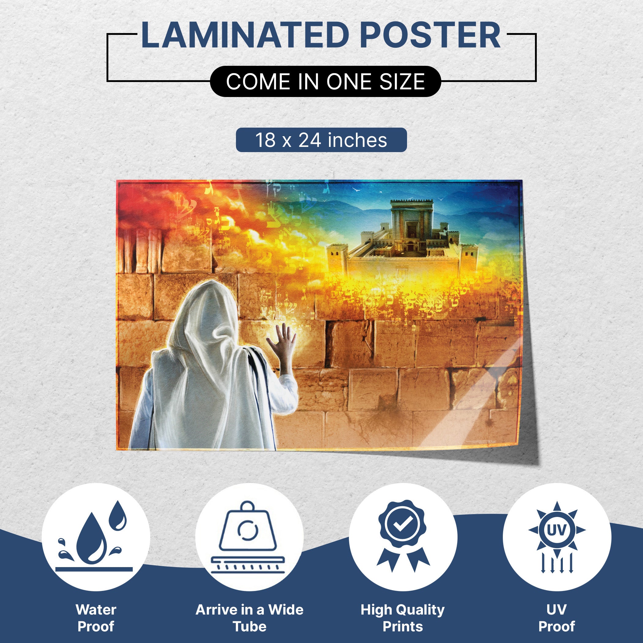 Prayer at Western Wall Poster depicting a Jewish person in a Tallit, symbolizing devotion and spirituality, perfect for enhancing your Sukkah's atmosphere.