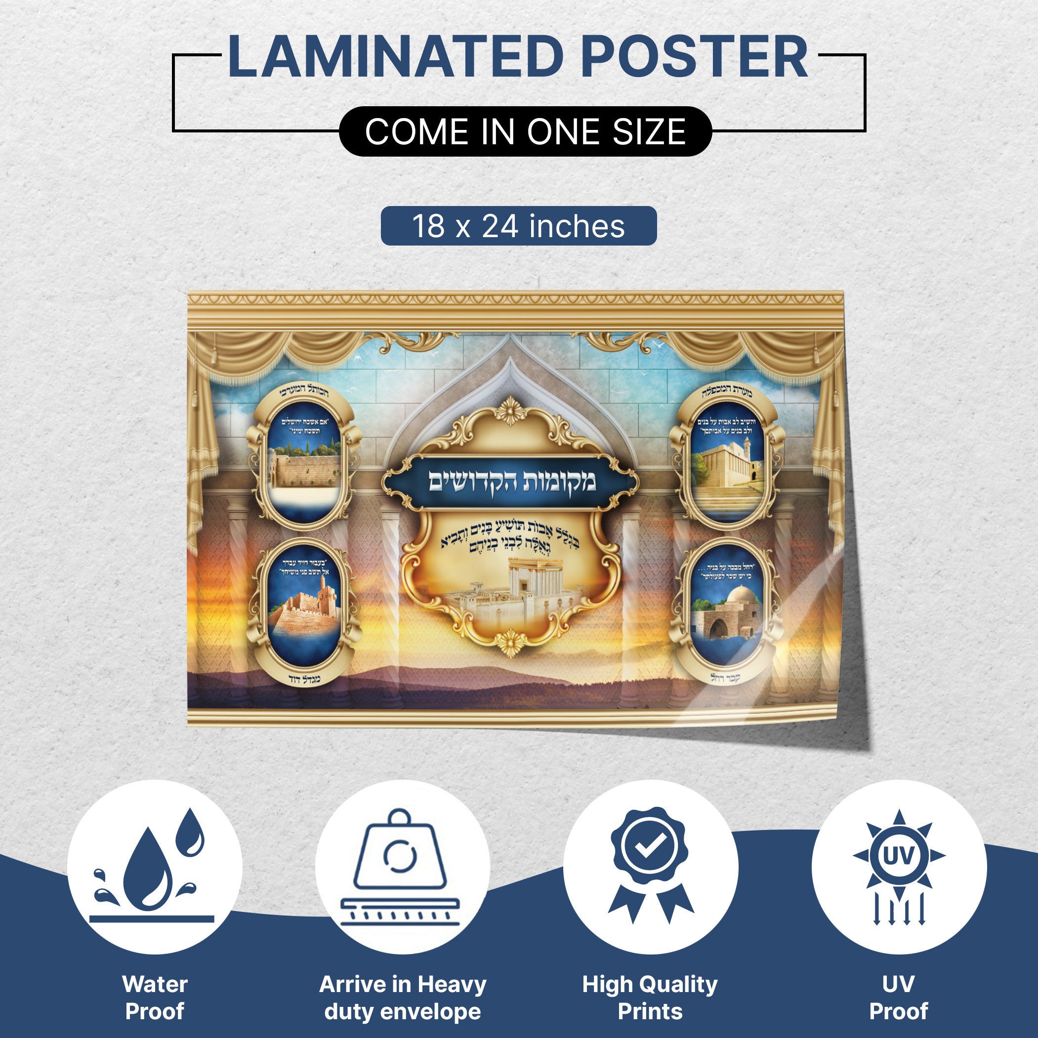 Israel's Sacred Sites Poster featuring Western Wall, Rachel's Tomb, Tower of David, and Machpelah Cave, perfect for enhancing your Sukkah with Jewish heritage art.