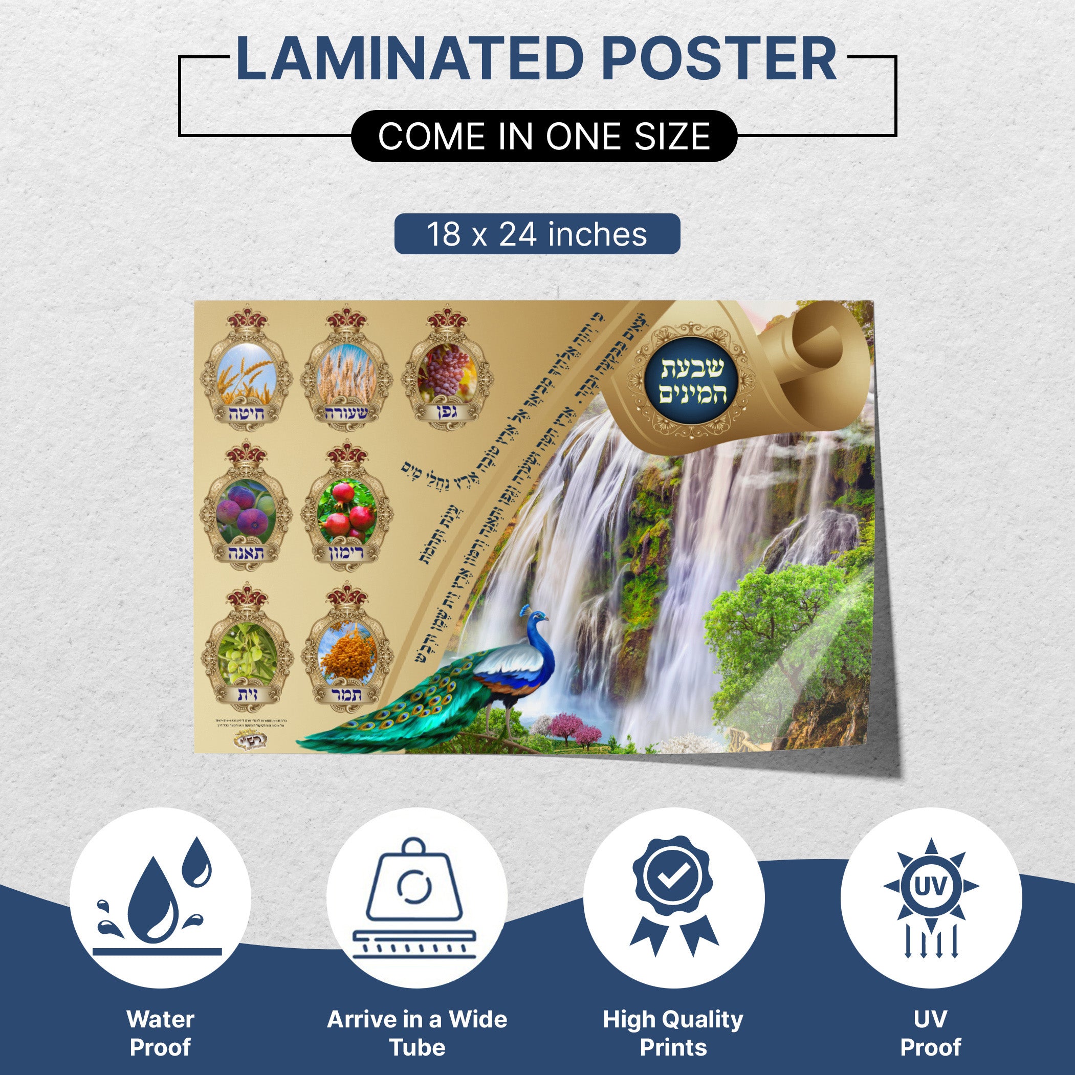 Seven Species Sukkah Poster - Traditional & Artistic Sukkot Mural featuring a waterfall, peacock, and vibrant symbols of Sukkot prosperity and blessings.