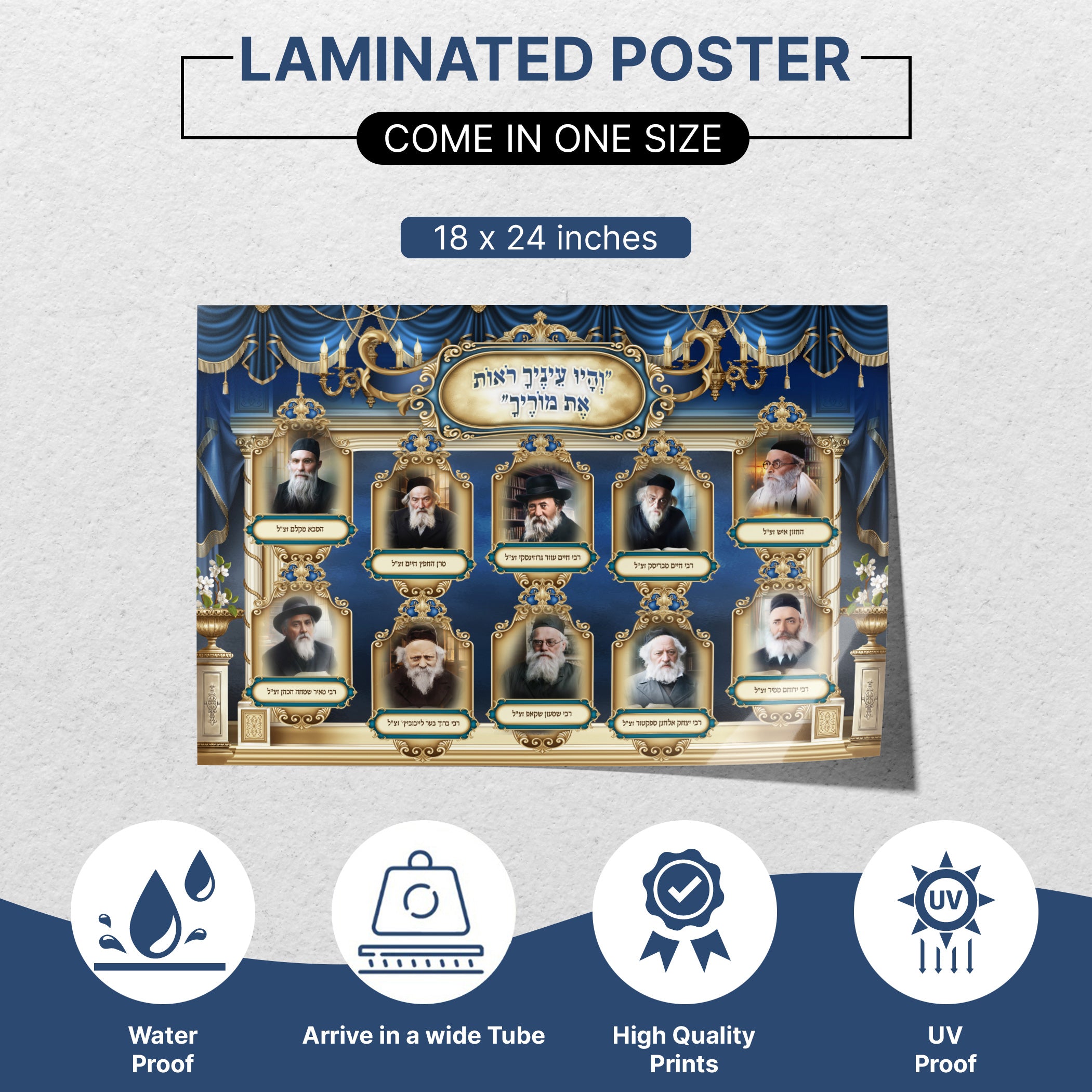 Sukkah Décor - Collection of Ashkenazi Rabbis Portraits - Waterproof & UV-Proof Poster displaying rabbis' lifelike portraits against a blue and gold backdrop with Hebrew inscriptions.