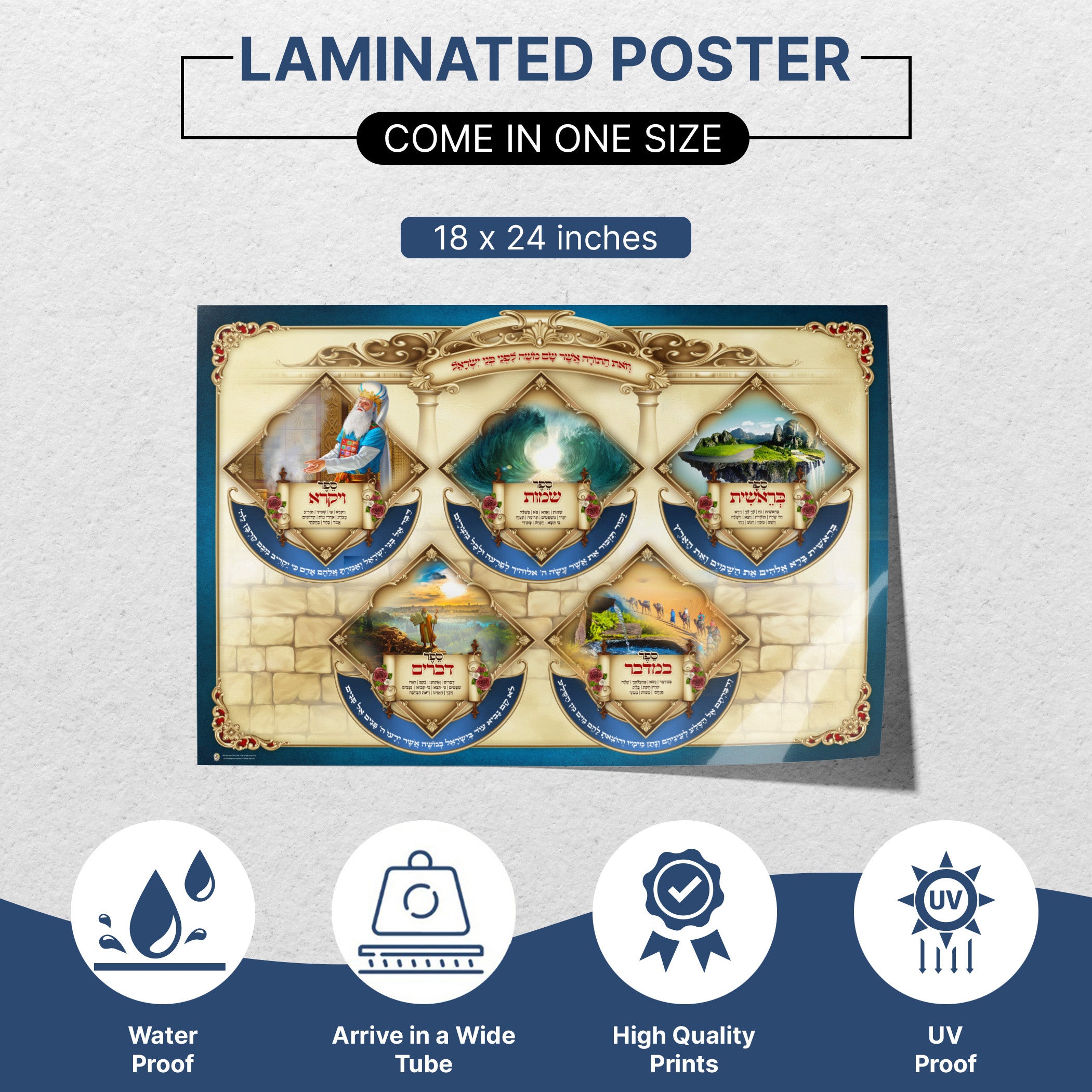 Chamish Chumshei Torah Poster with elegant Torah scroll design, ideal for Sukkah decoration, featuring traditional Jewish motifs and symbols.