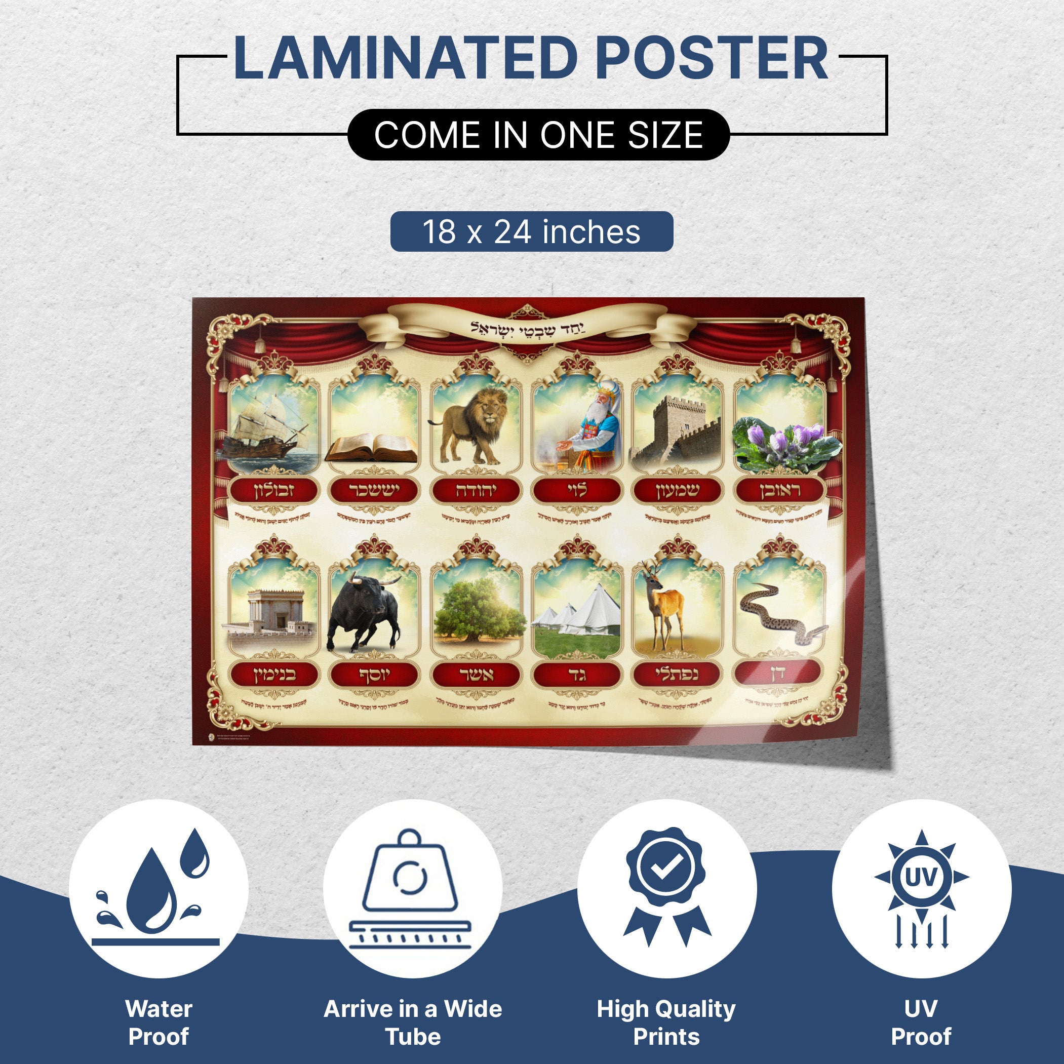 Tribes of Israel - Symbolic Sukkot Poster featuring graphic symbols and names of the Twelve Tribes, ideal for enriching Sukkah decor with historical depth.