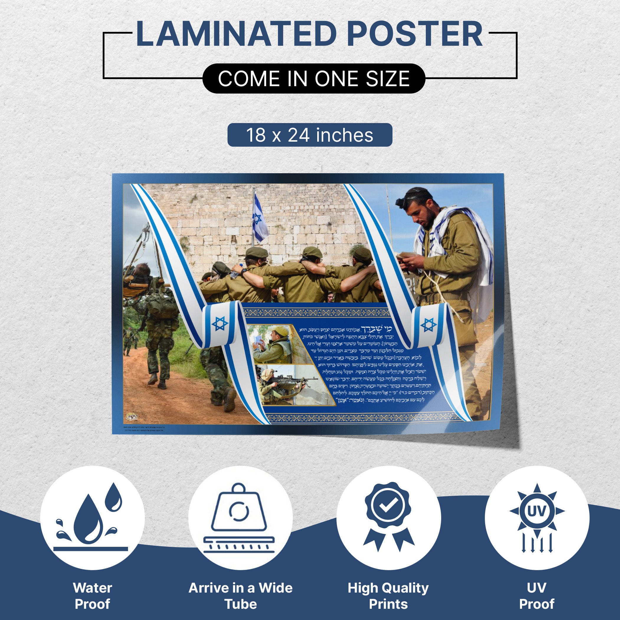 IDF Soldiers Praying at Western Wall Poster - Powerful Sukkah Decoration features soldiers in uniform at the Western Wall, symbolizing faith and national unity.