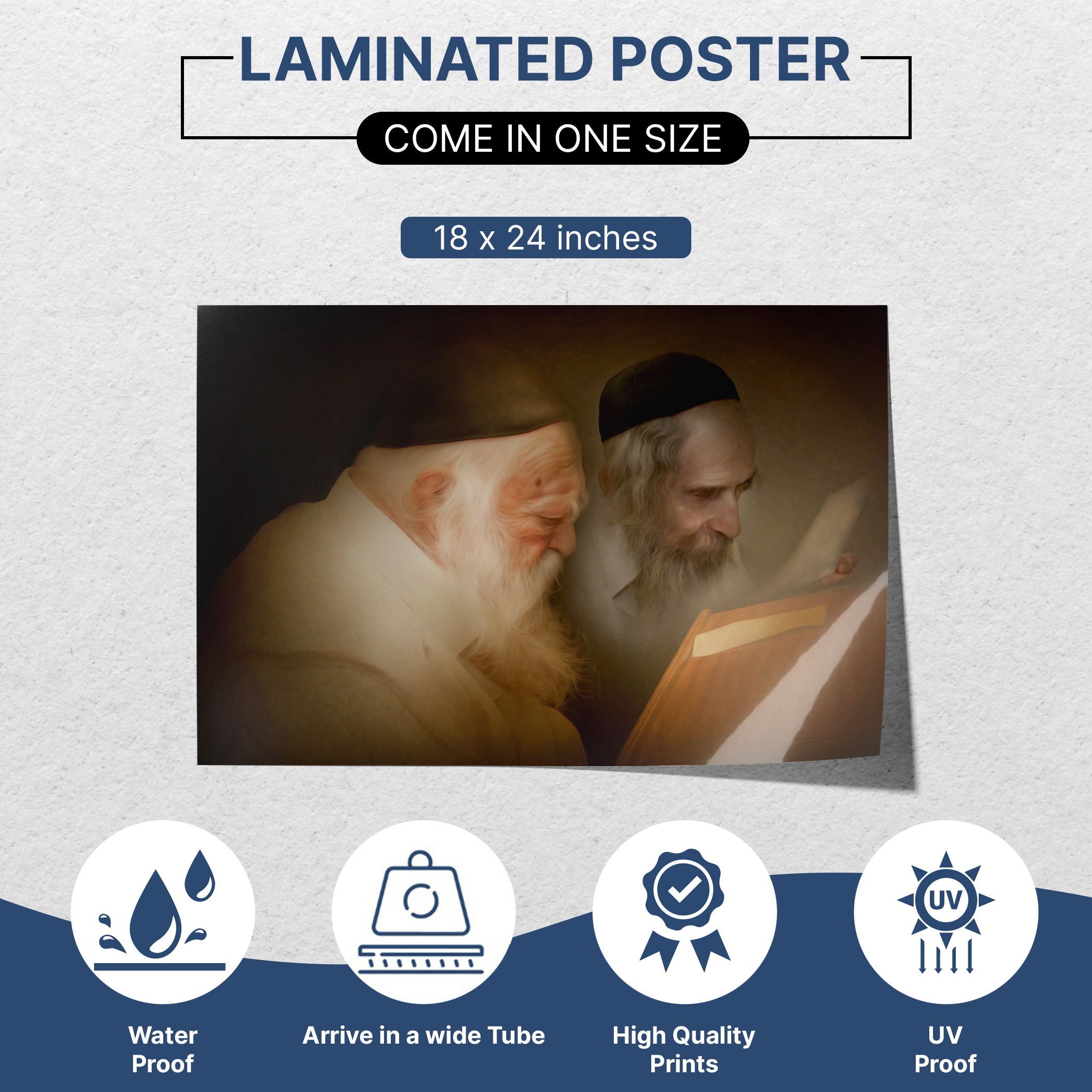 Rabbis Kanyevsky & Rabbi Shteinman Sukkah Poster depicting esteemed rabbis immersed in Torah study, enhancing Sukkah decor with spiritual and artistic presence.