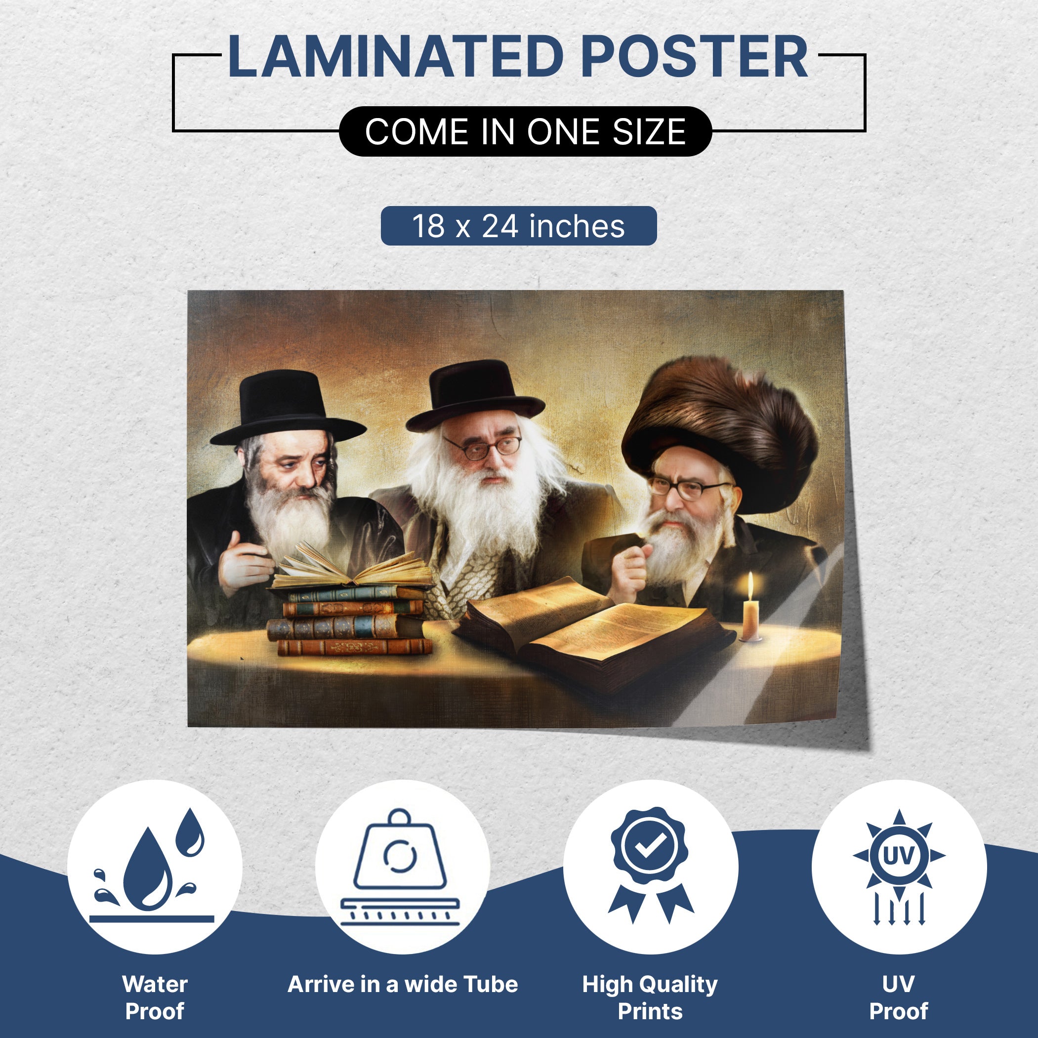 Laminated sukkah poster featuring Vizhnitz Rabbis engaged in Torah study; perfect Sukkot decor, 18x24 inches.