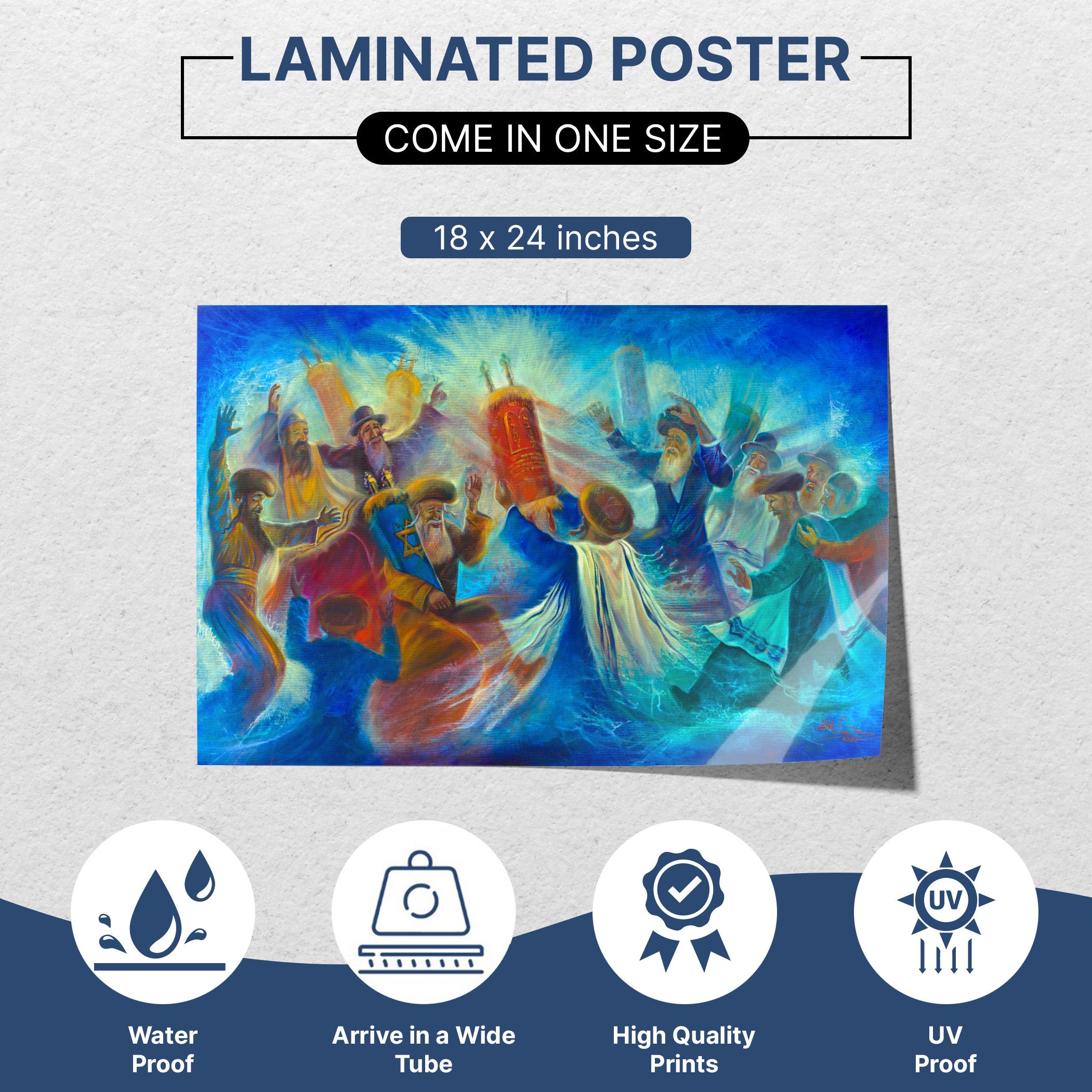 Vibrant Jewish Dancing with the Torah Poster, showcasing lively celebration and joy, perfect for Sukkah decor. A dynamic piece from Ben Ari Art Gallery.