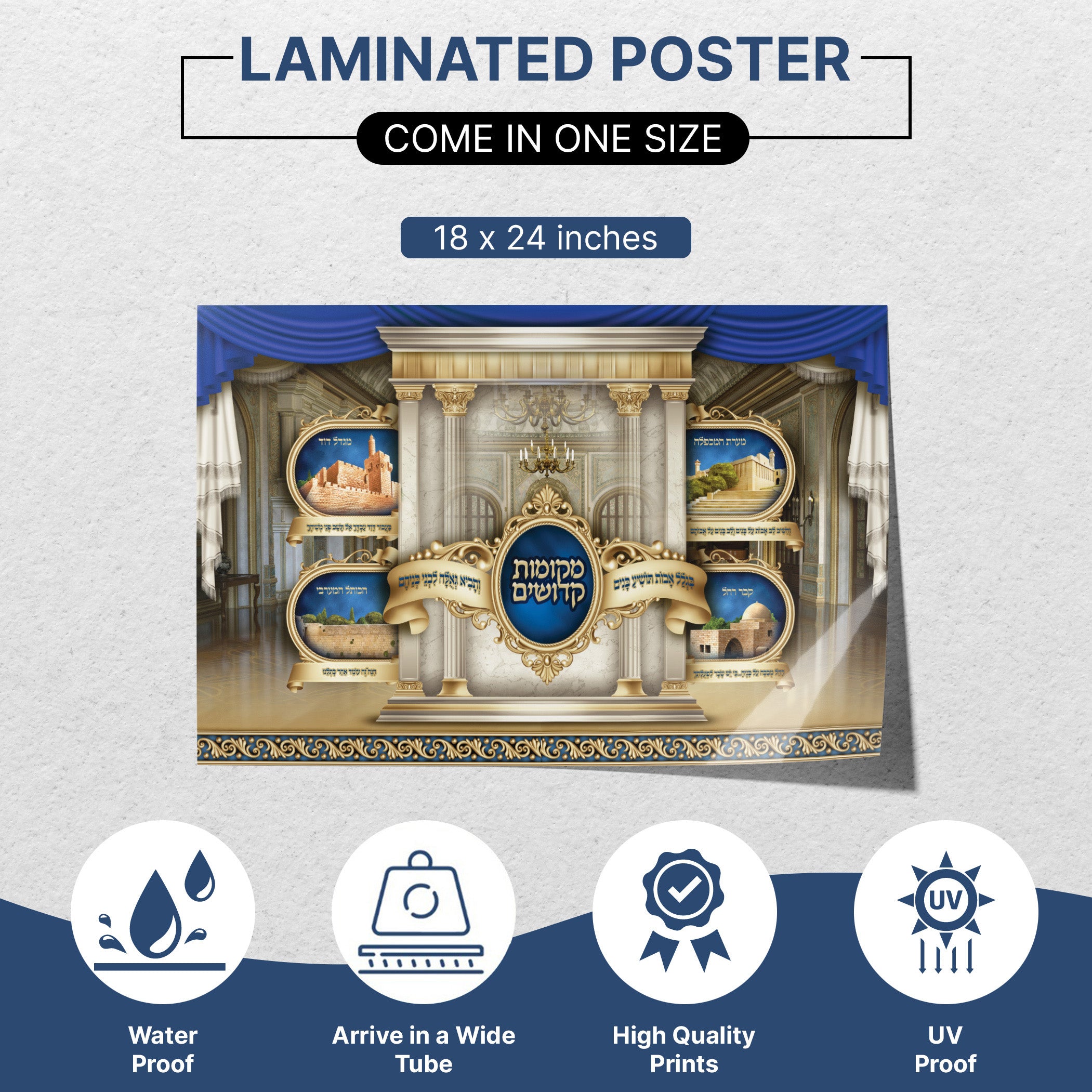Israel's Holy Landmarks Poster featuring sacred sites like the Western Wall and Rachel's Tomb, ideal for Sukkot decor, highlighting Jewish history and spirituality.