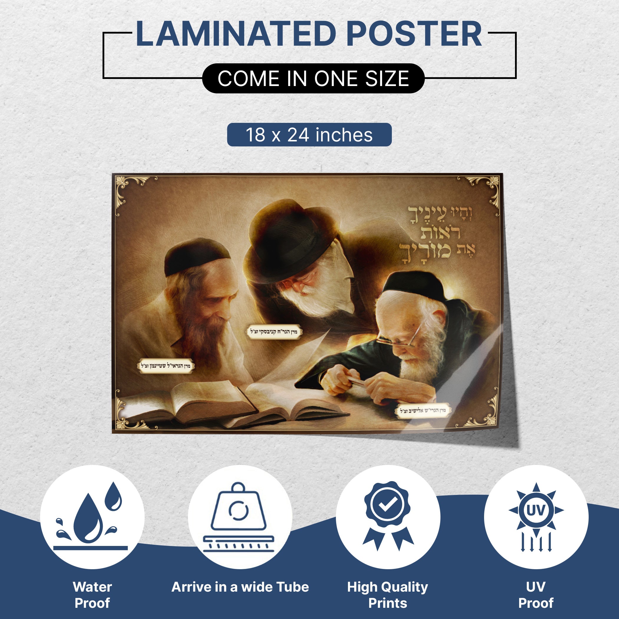 Laminated 18x24 poster featuring esteemed rabbis, ideal sukkah decoration for Sukkot holiday wall art.