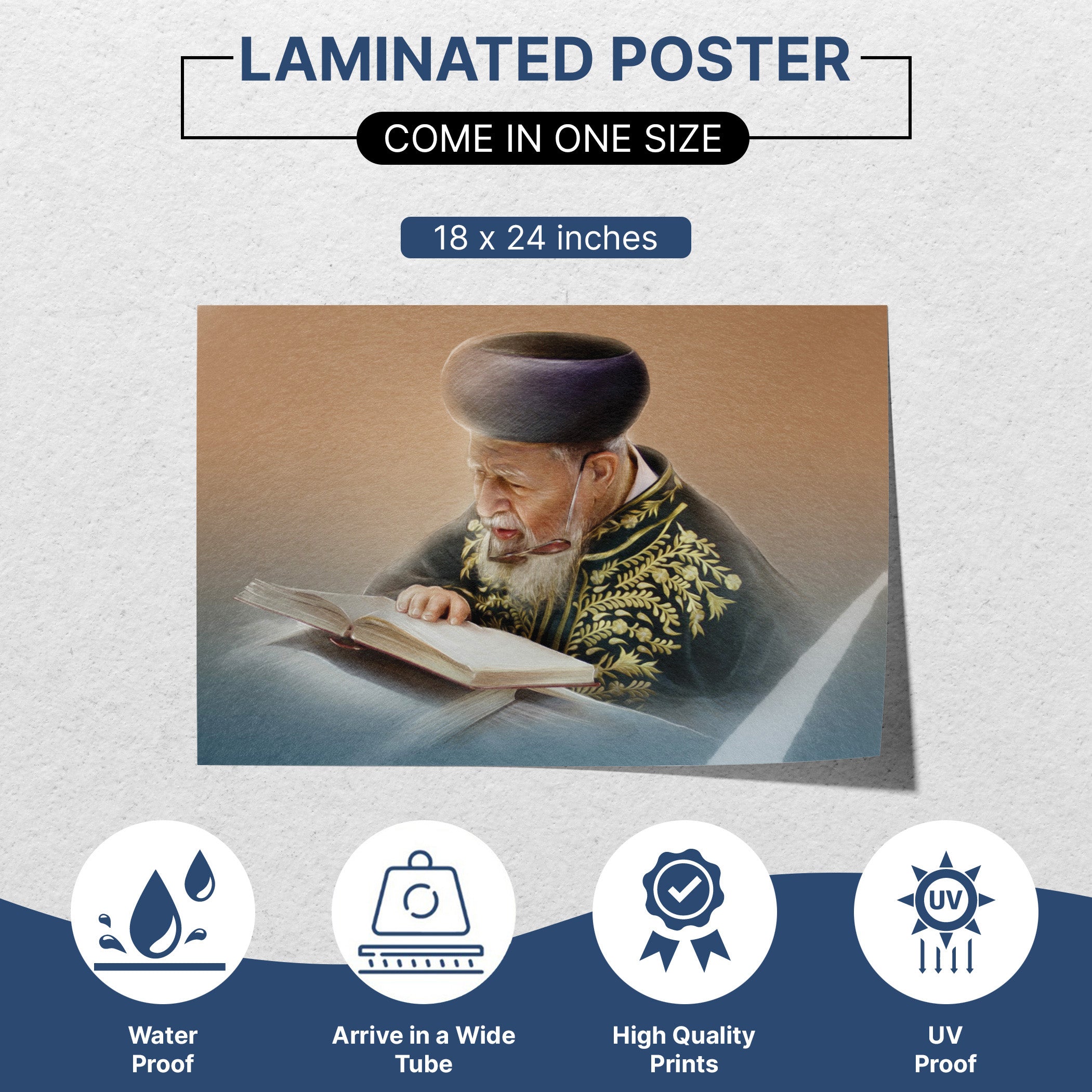 Rabbi Ovadia Yosef in Torah Study - Artistic Insight Poster, depicting him reading intently, ideal for Sukkah decor and celebrating Jewish heritage.