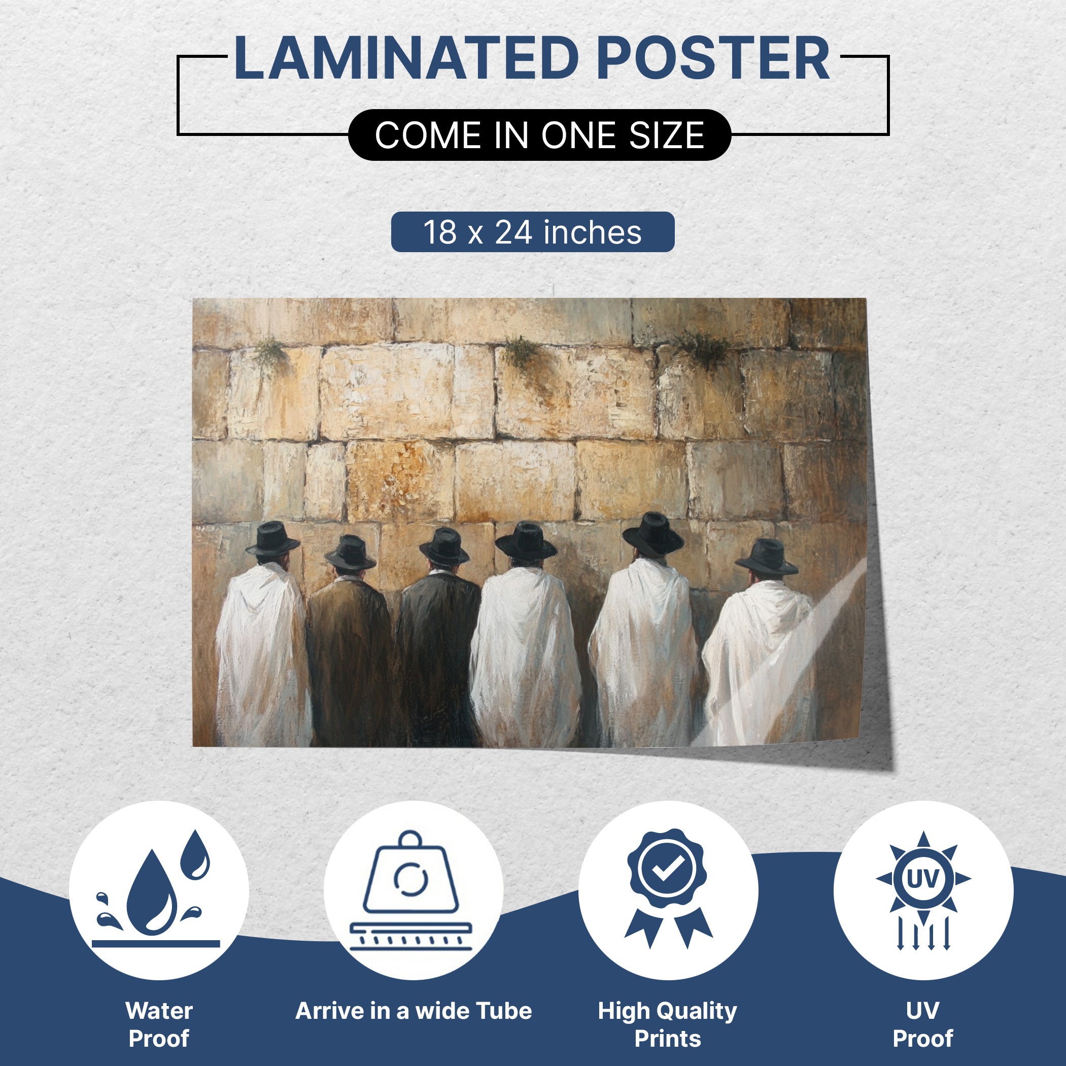Laminated "Western Wall Sukkah Poster" featuring praying Jews, perfect Sukkot decor and holiday wall art for sukkah.