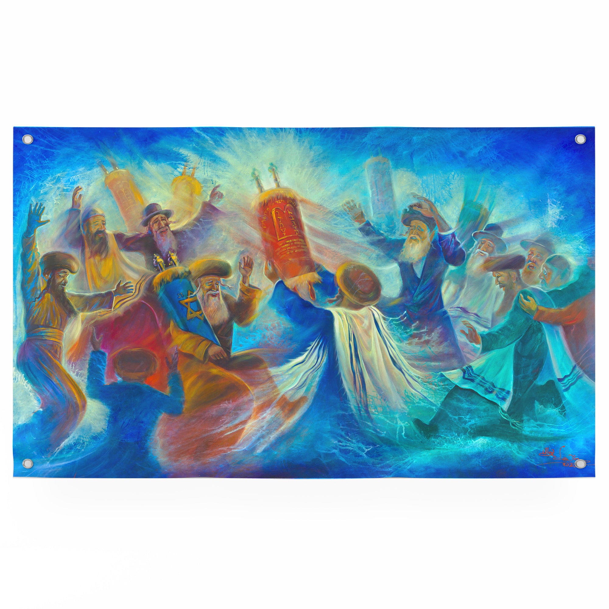 Vibrant Jewish Dancing with the Torah Poster - Colorful Sukkah Art, depicting joyful dancers, perfect for enhancing Sukkah decor and celebrating Jewish traditions.
