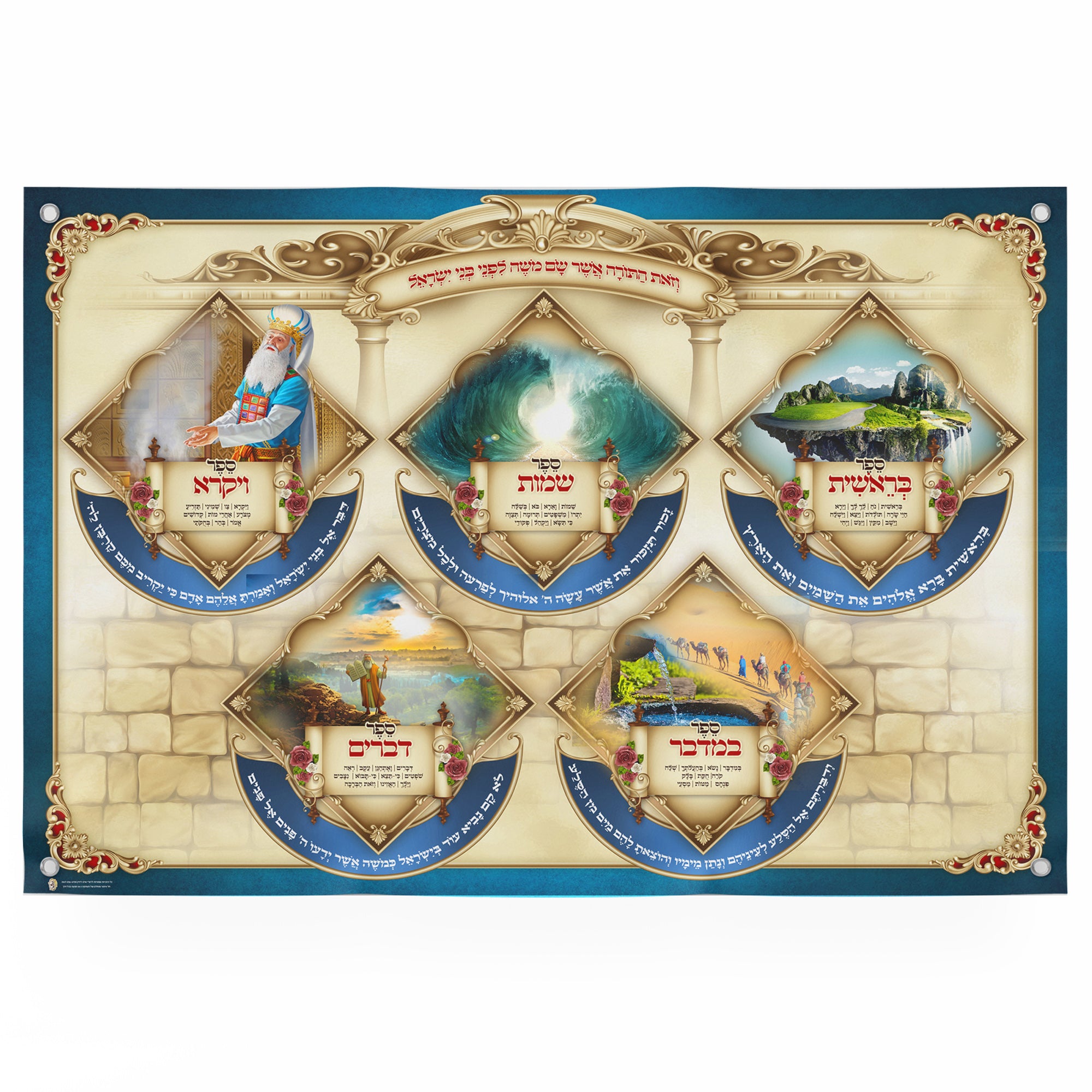 Chamish Chumshei Torah Poster featuring diverse seasonal imagery, including waves, camels, and landscapes, for Sukkah decoration. Exquisitely designed to celebrate Jewish heritage.
