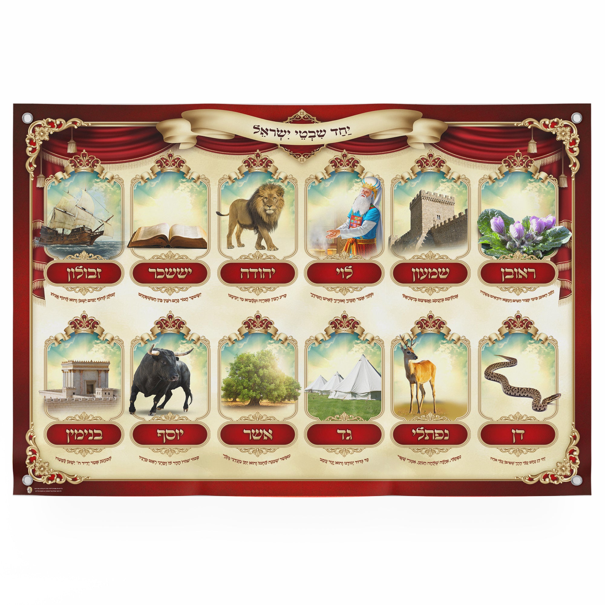 Tribes of Israel - Symbolic Sukkot Poster featuring graphic representations of each tribe, ideal for enhancing sukkah decor with historical and biblical significance.