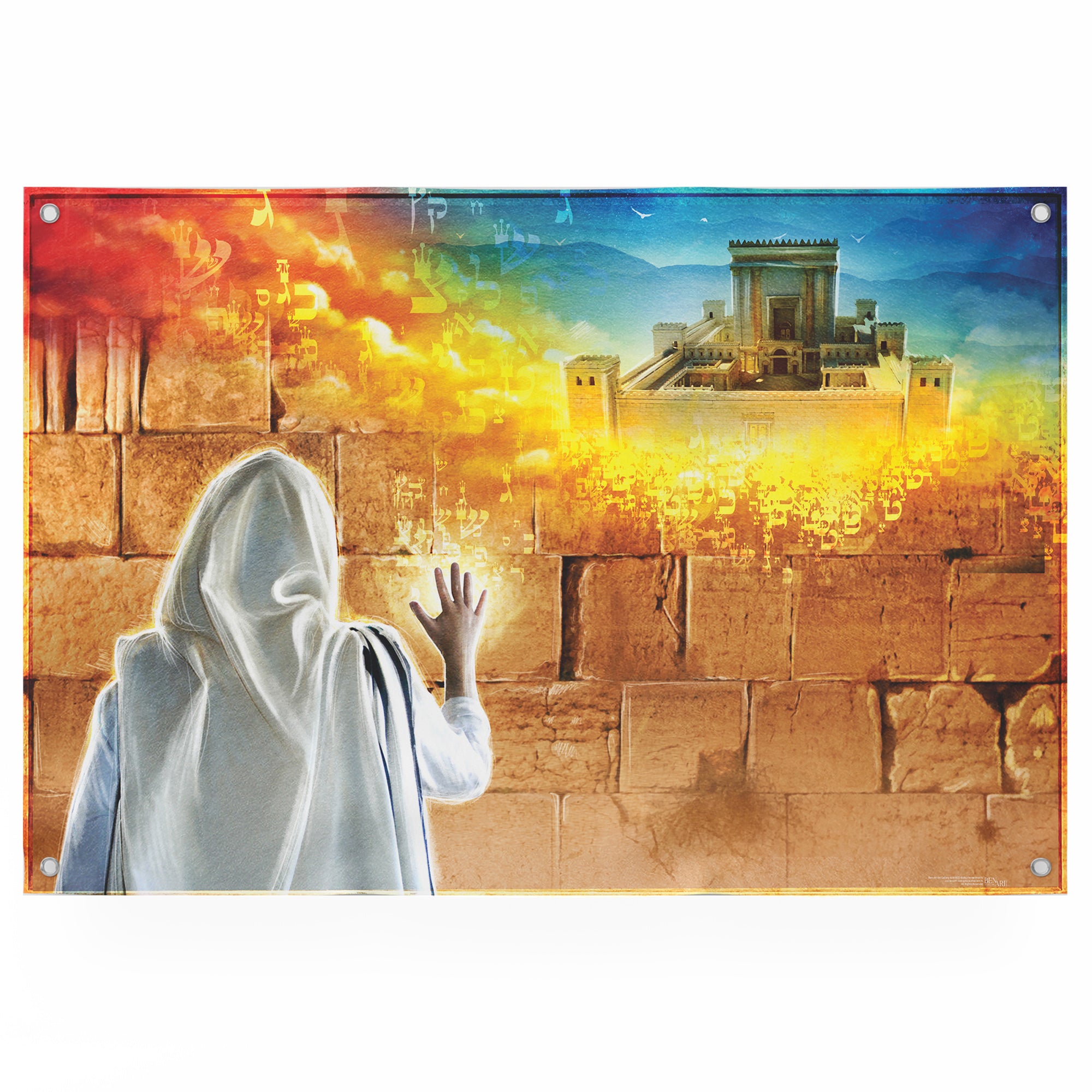 Prayer at Western Wall Poster - Jewish Devotion with Tallit in Sukkah Art, depicting a person in a white robe praying, ideal for enhancing spiritual ambiance.