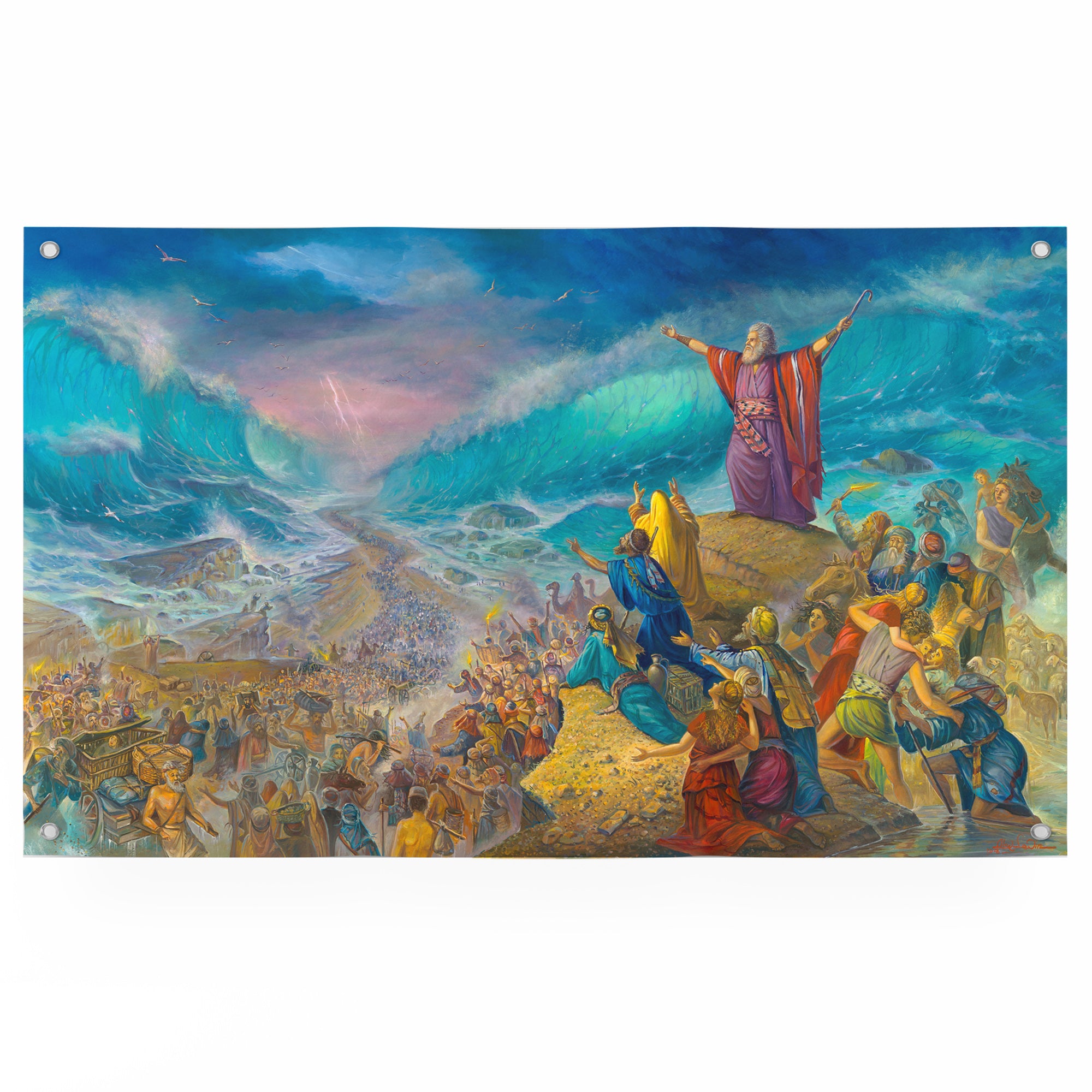 Alex Levin's Splitting of the Sea poster depicts a man with outstretched arms on a rock among people, symbolizing a miraculous biblical moment.