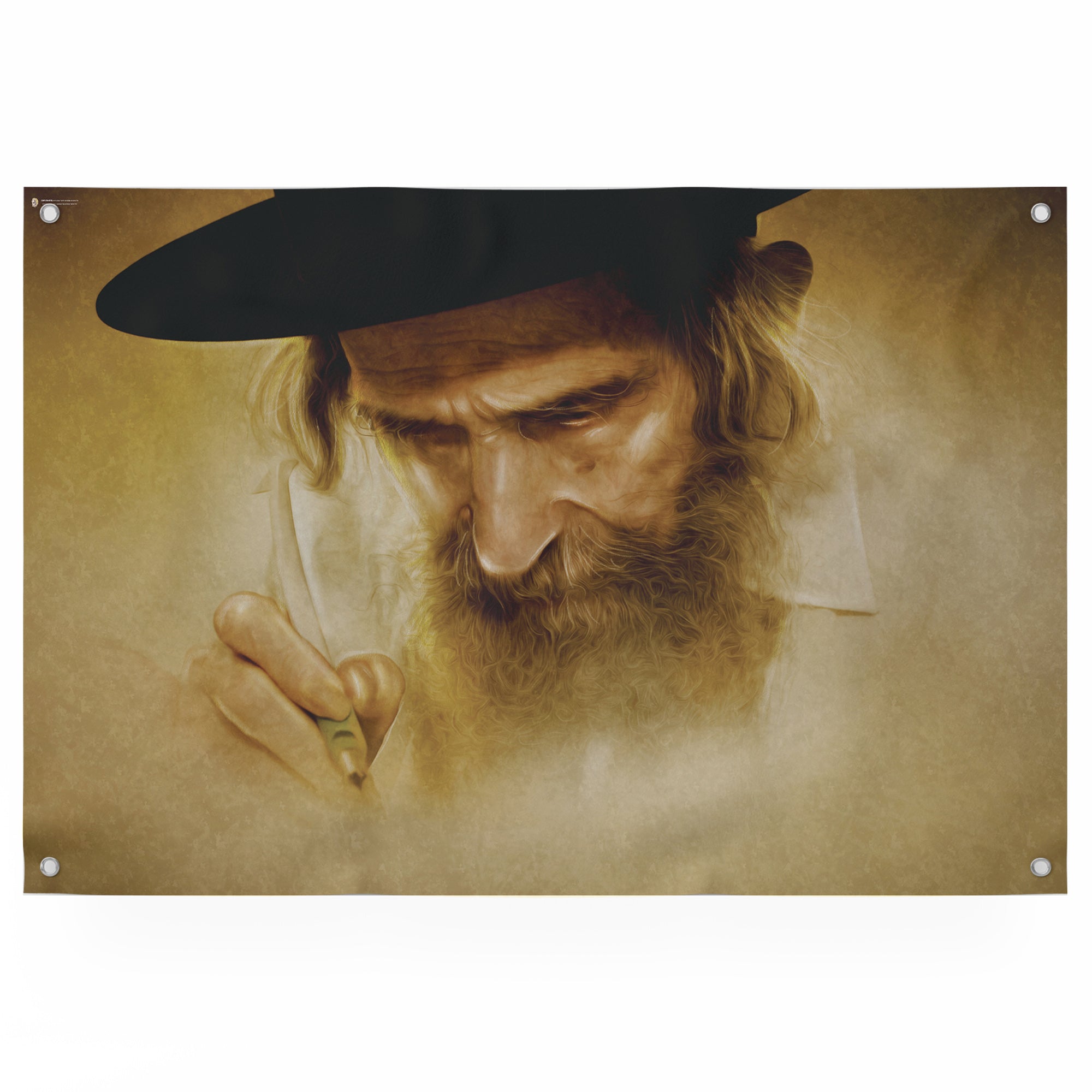 Rabbi Shteinman's Torah Dedication - Sukkot Portrait Poster shows the revered Rabbi writing a Torah scroll, symbolizing dedication to Jewish heritage, perfect for Sukkot decor.