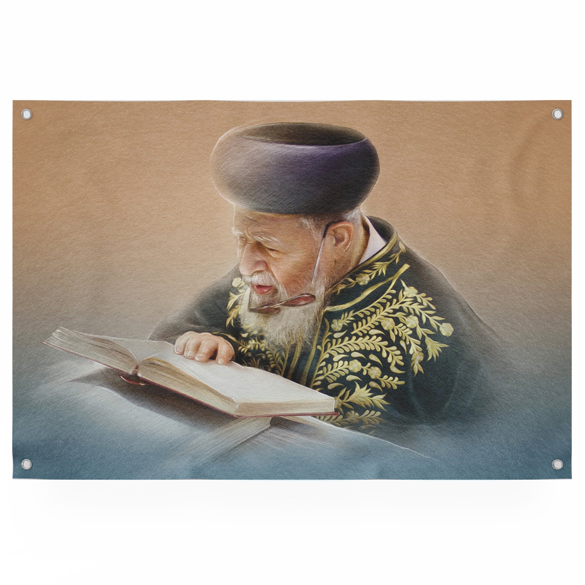 Rabbi Ovadia Yosef in Torah Study - Artistic Insight Poster, depicting the Rabbi reading, ideal for enriching Sukkah decor with intellectual depth.