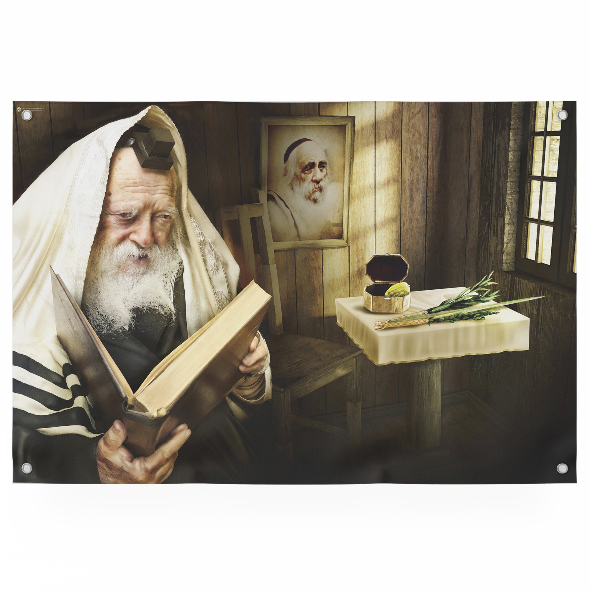 Rabbi Chaim Kanievsky – A Portrait of Wisdom for Sukkot, featuring the Rabbi reading a book, ideal for enriching Sukkah decor with spiritual guidance.