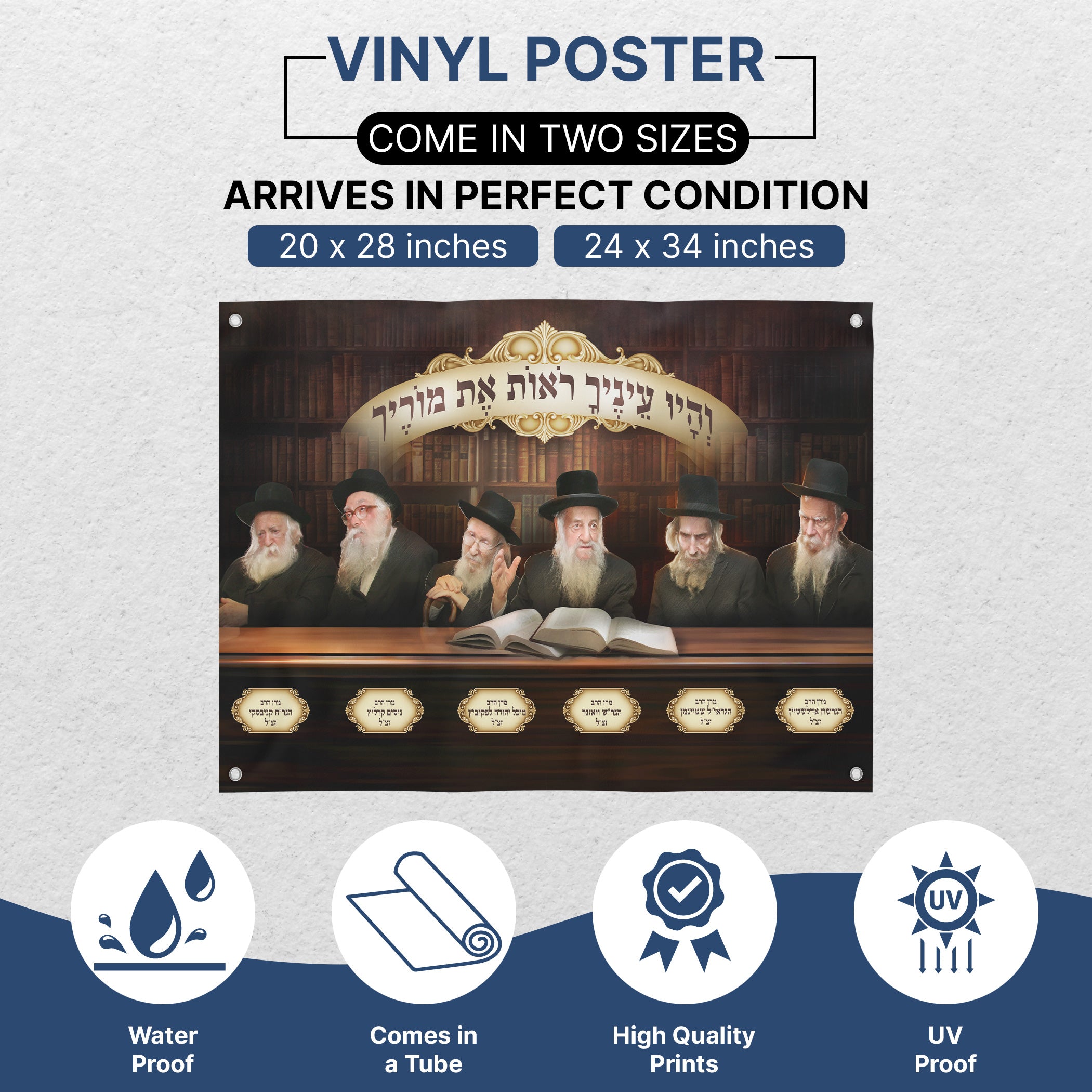 Portrait Collection of Prominent Ashkenazi Rabbis – Sukkah Decoration Poster, featuring esteemed rabbis seated at a table, perfect for enriching your Sukkah décor.
