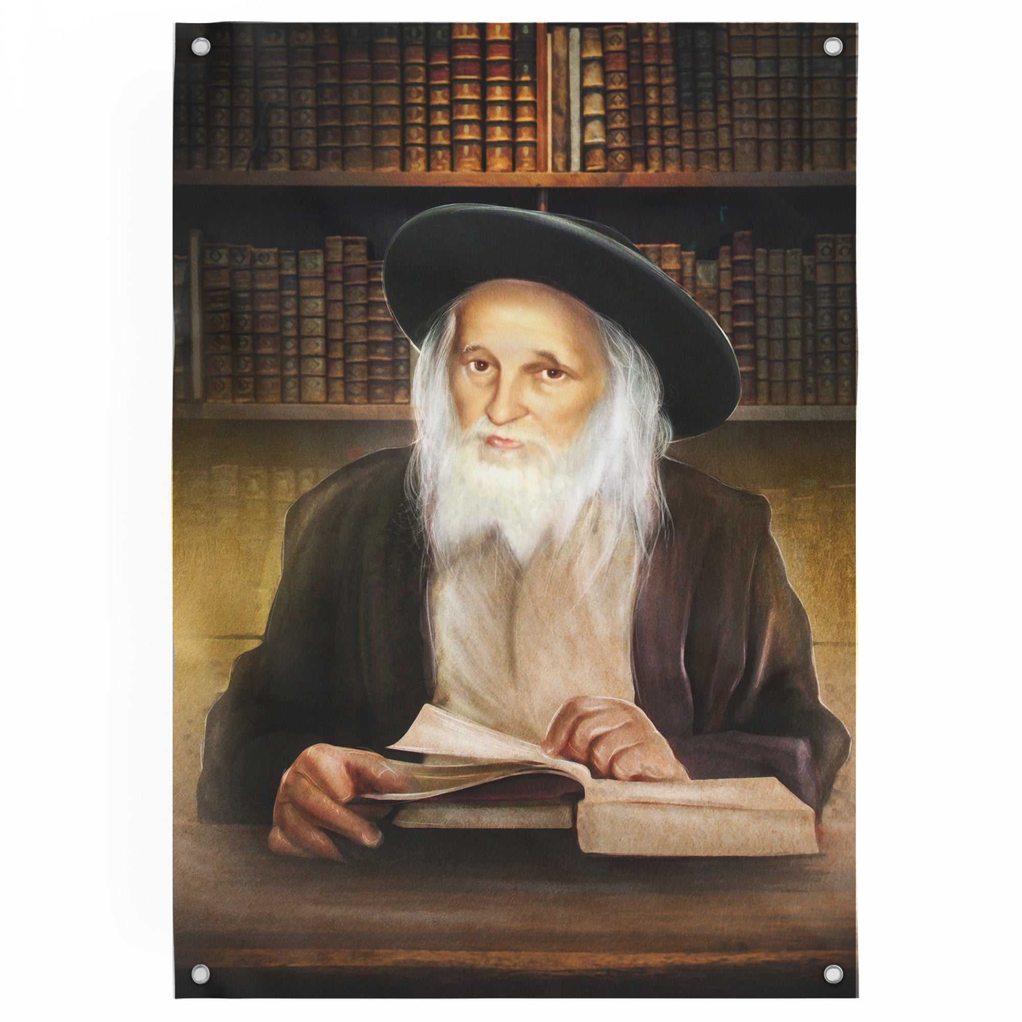 Rabbi Yoel Teitelbaum Inspiration - Second Edition Sukkot Portrait, showing the revered Satmar Rebbe with a book, ideal for enhancing Sukkot decor.