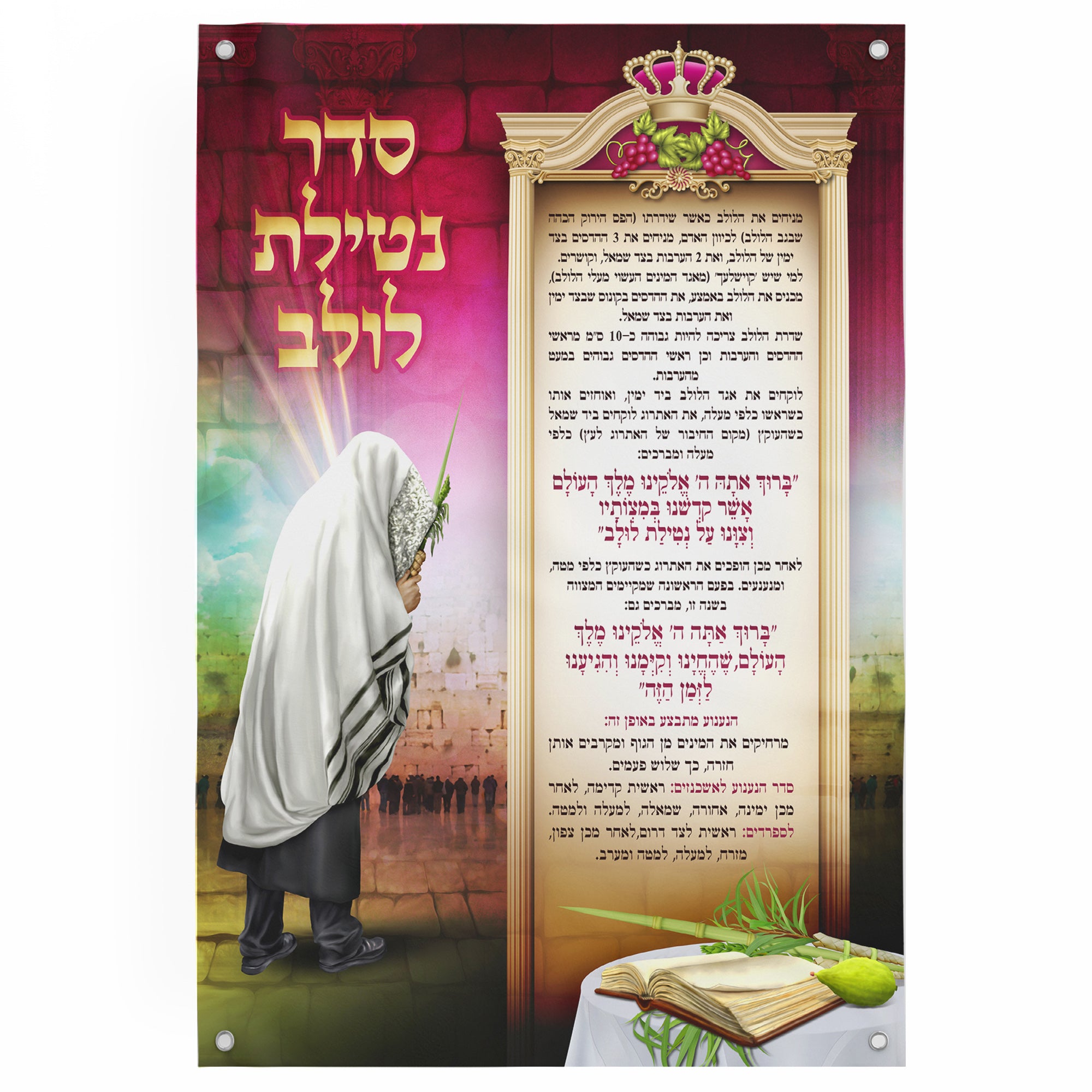 Seder Netilat Lulav Poster - Sukkot Ritual Guide, featuring a person holding a staff, surrounded by educational Sukkot-themed illustrations and blessings for festive decor.