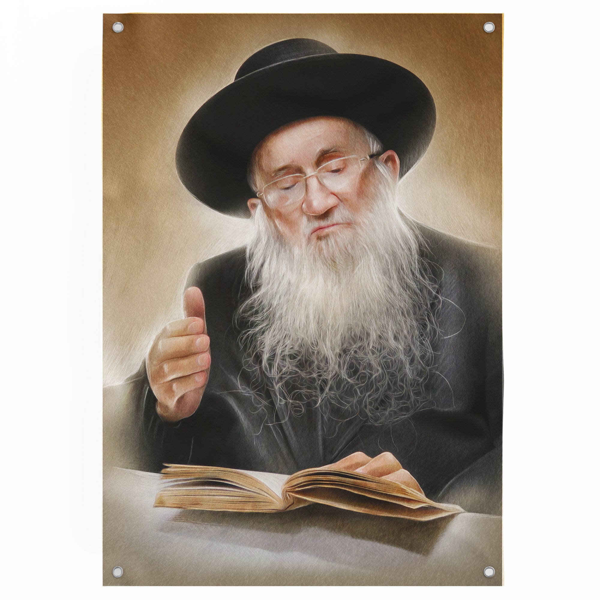 Rabbi Dov Yaffe Portrait - Artistic Tribute for Sukkot, featuring a man with a white beard and black hat reading a book, ideal for Sukkah decor.