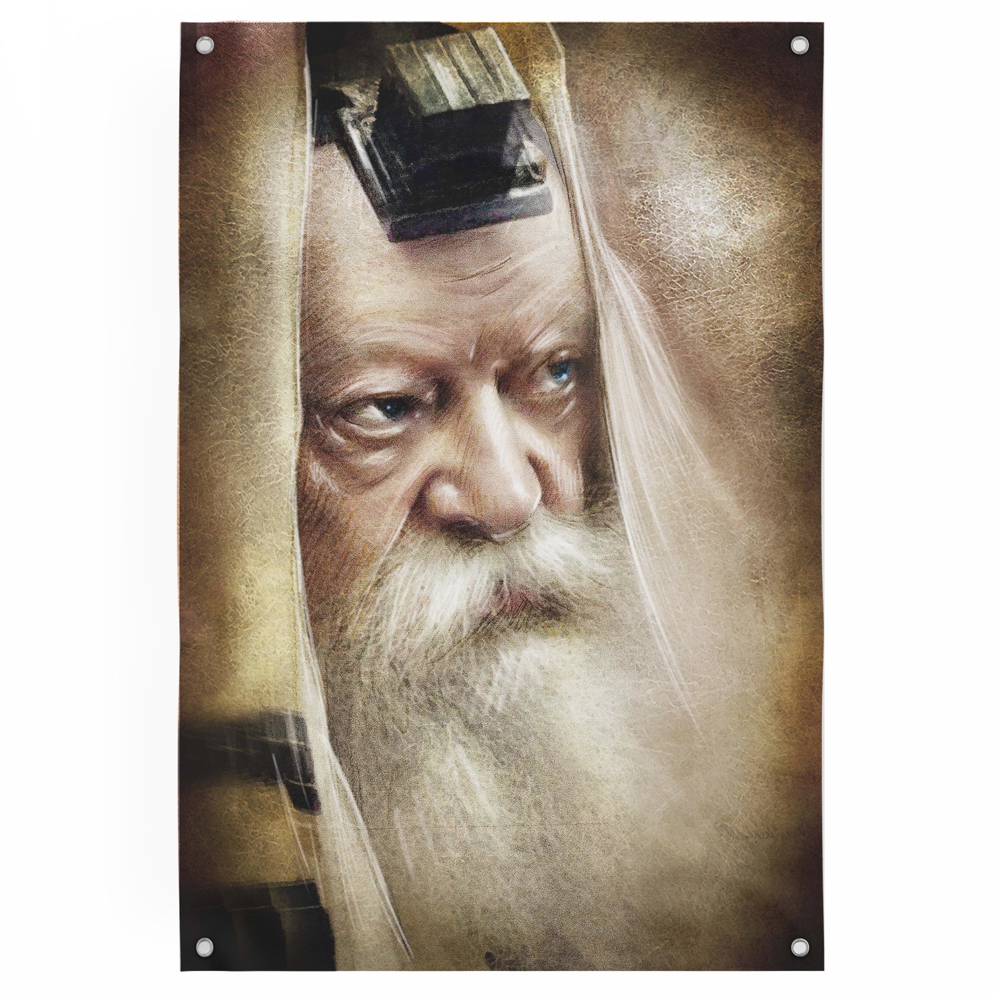 Lubavitch Rebbe in Tefillin - Revered Rabbi Portrait for Sukkot, showcasing the Rebbe's devotion, ideal for enhancing your Sukkah with spiritual inspiration.