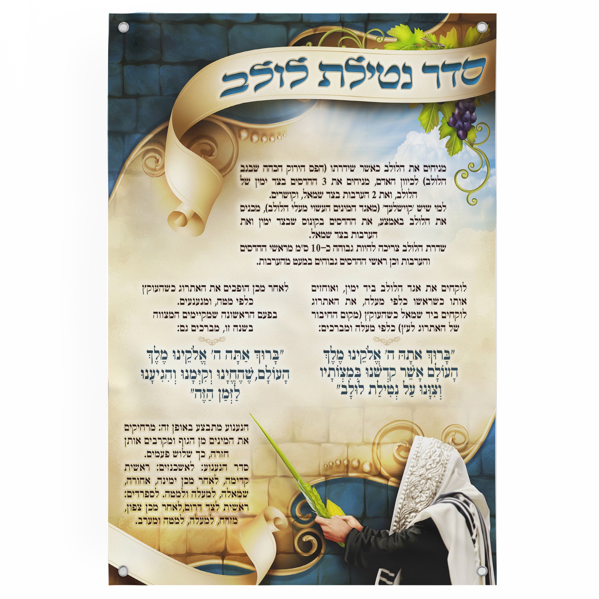 Seder Netilat Lulav Prayer Poster features Sukkot-themed art with text, enhancing your rituals with detailed prayer guides for a meaningful celebration.