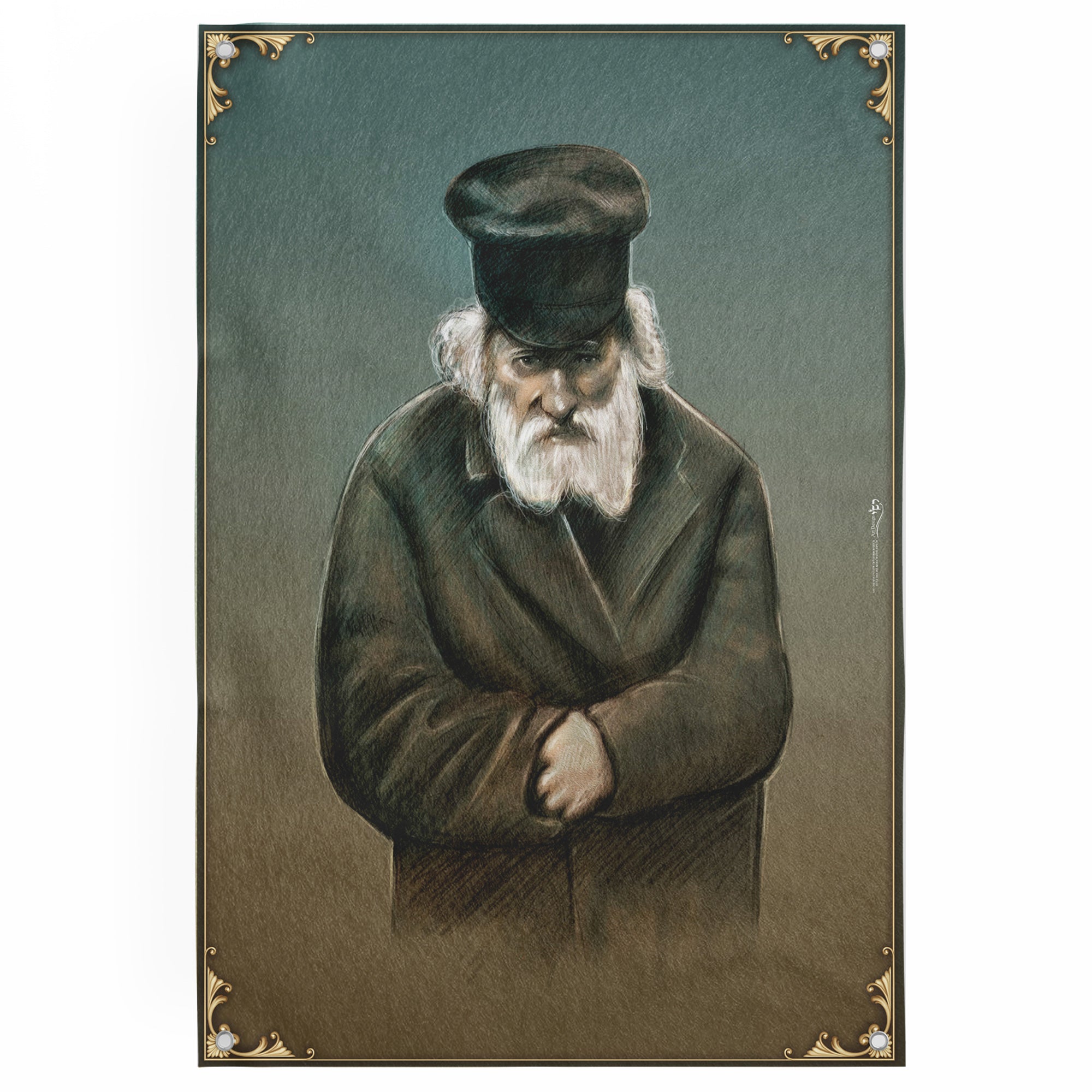 Chofetz Chaim Artistic Portrait - Ethical Wisdom for Sukkot, depicting a man with a white beard and black hat, ideal for adding spiritual depth to Sukkah decor.