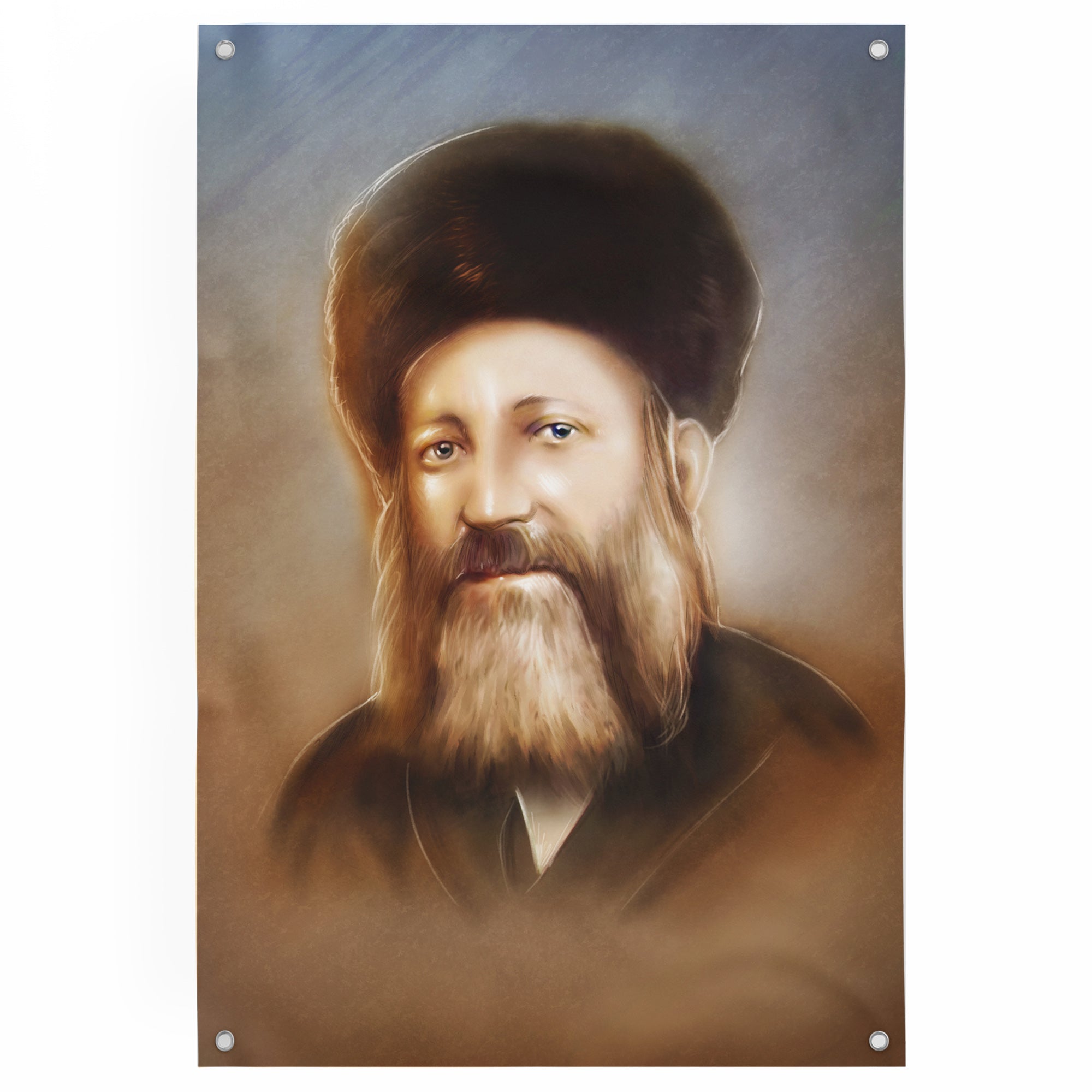 Rabbi Abraham Isaac Kook Portrait - Inspirational Sukkah Art, featuring a detailed painting of the Rabbi's bearded face, ideal for enhancing Sukkot decorations.
