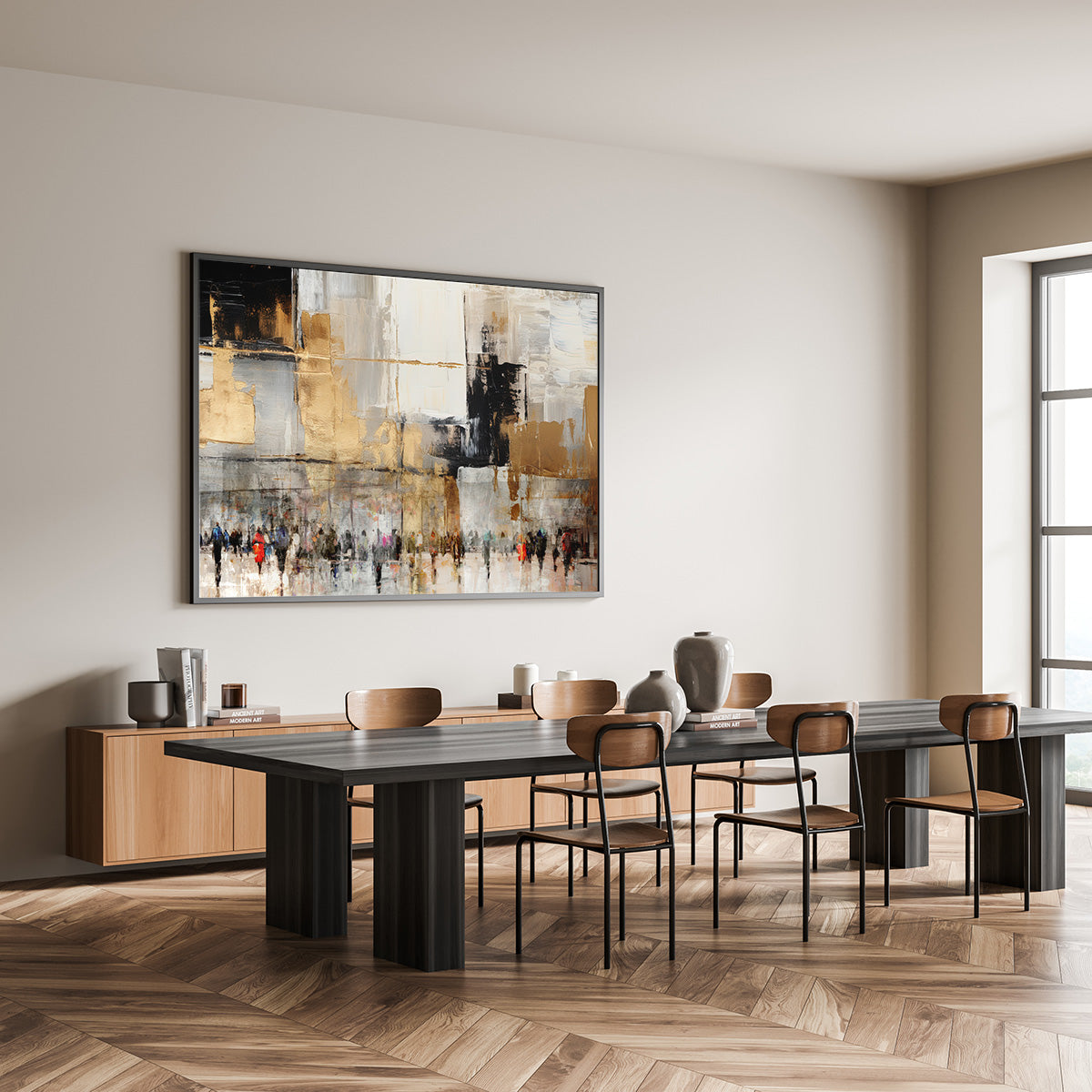 Western Wall abstract Jewish art by Avigdor Ben-Ari, contemporary Hebrew wall decor in modern dining room.