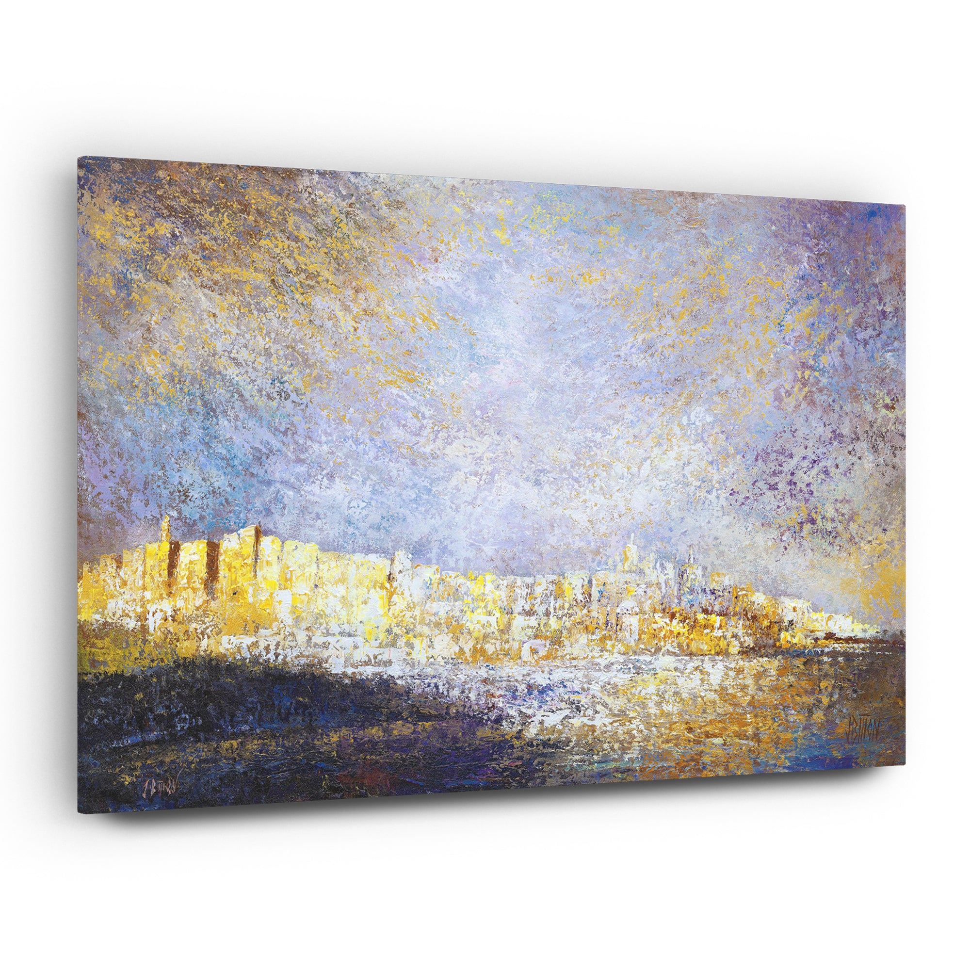 Jerusalem in Gold: Colorful Jewish art print by Yossi Bitton, depicting Jerusalem's walls in gold and cool tones on acrylic glass, ready-to-hang.