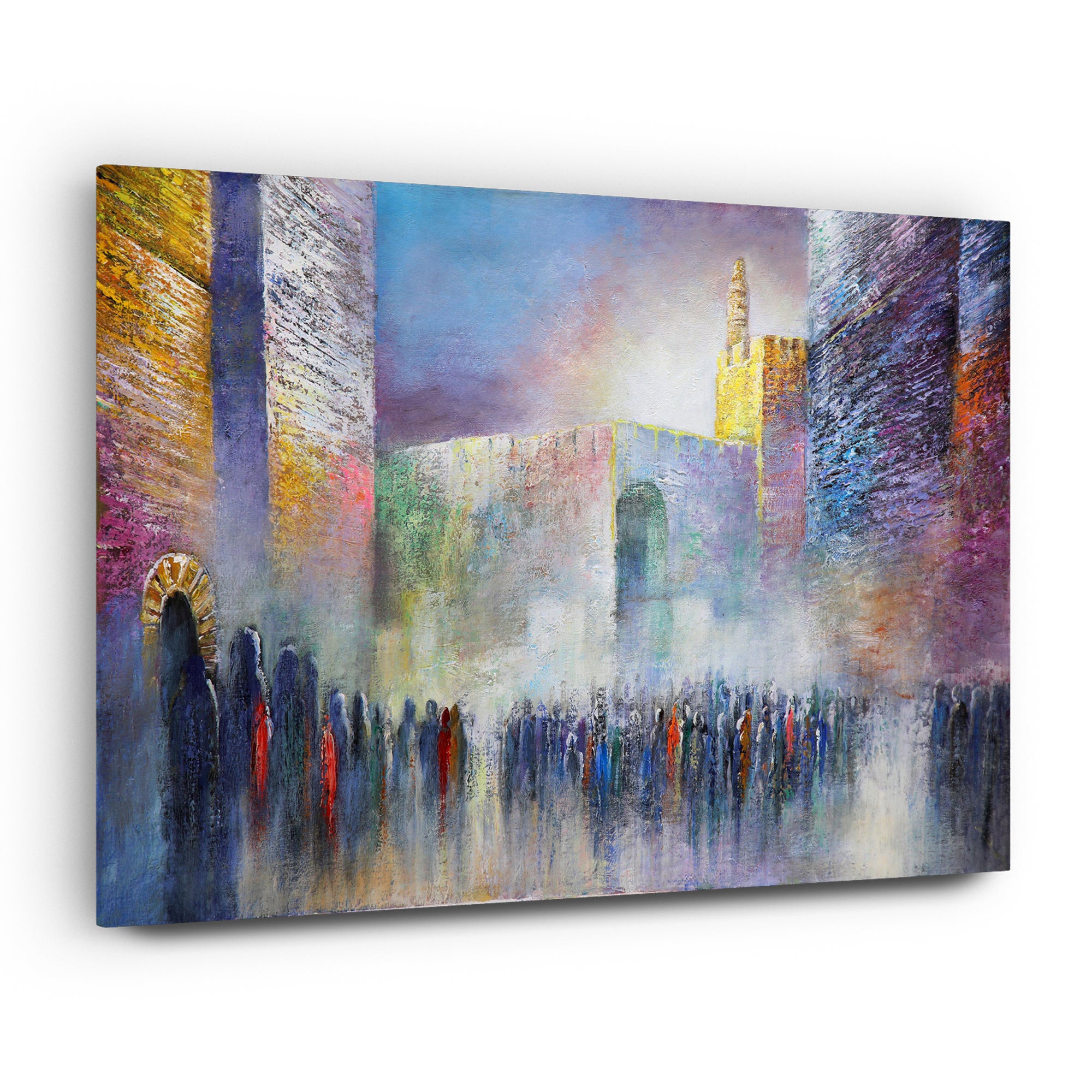 The Road to the Western Wall - Jerusalem Streets Art Print by Yossi Bitton depicts a vivid scene of Jerusalem's Old City, featuring a crowd and iconic landmarks.
