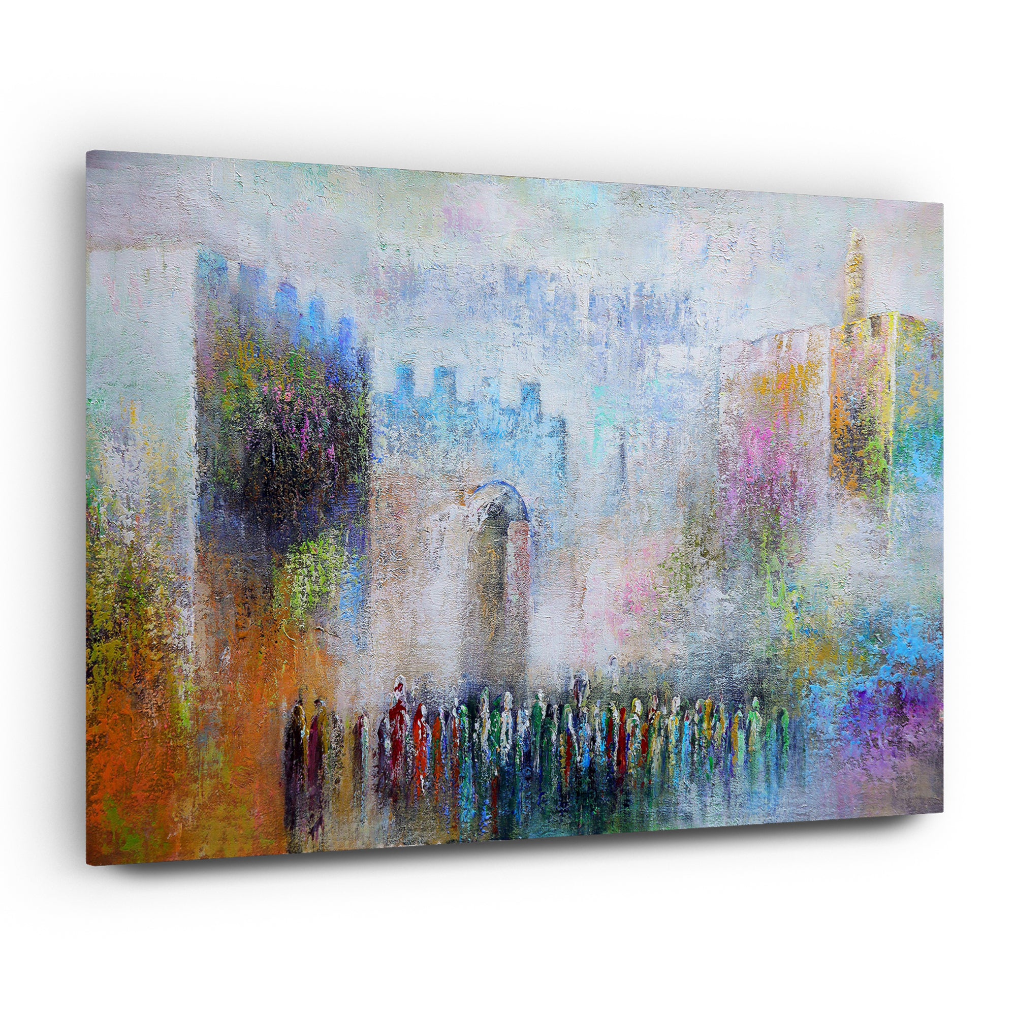 Jaffa Gate: Colorful Modern Jewish Art Print by Yossi Bitton depicts a vibrant, abstract portrayal of Jerusalem's landmark, showcasing contemporary artistic expression in Jewish wall decor.