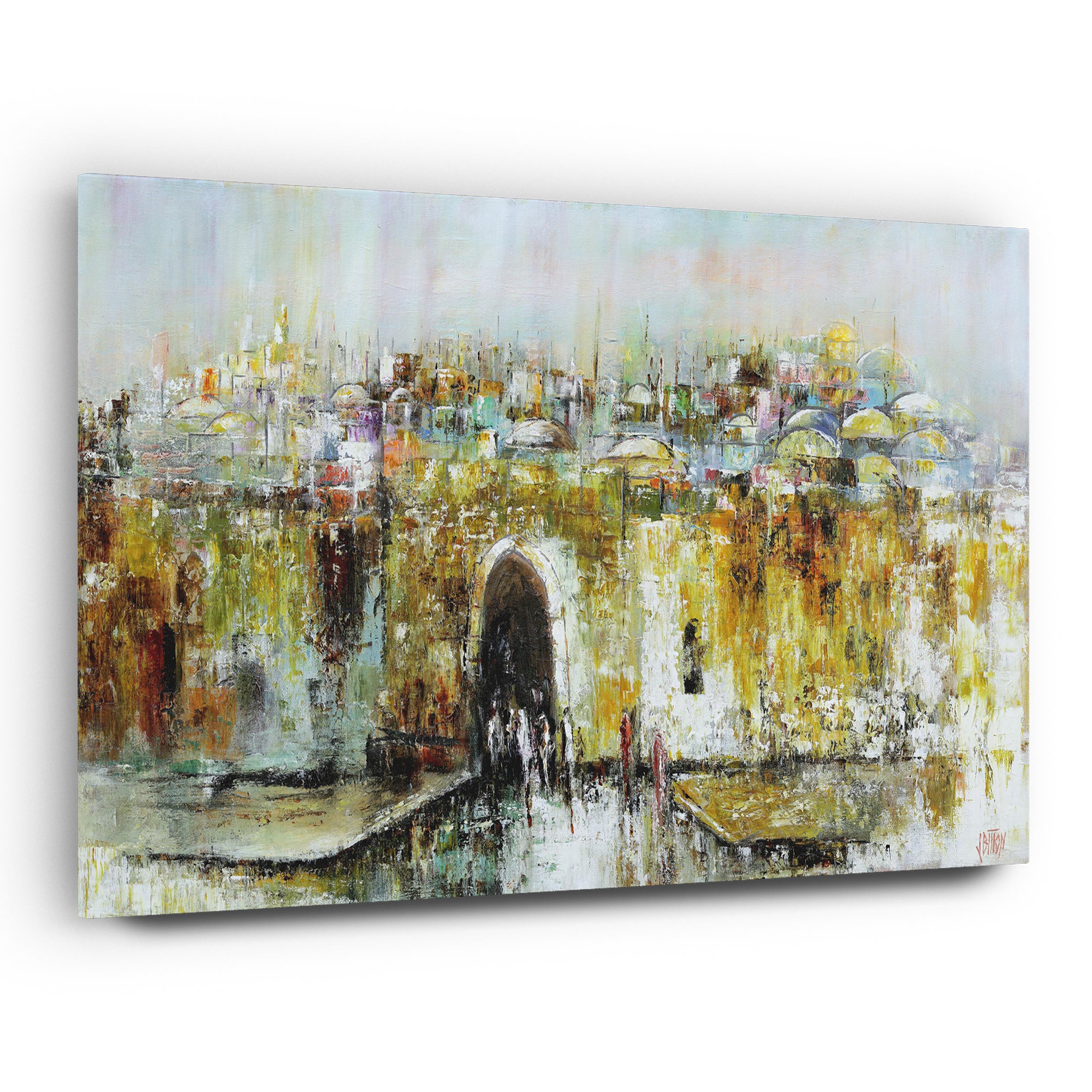 Shabbat in Jerusalem - Yossi Bitton's Jewish Art Print on Acrylic depicting a serene cityscape with umbrellas, embodying the spiritual ambiance of Shabbat in Jerusalem.
