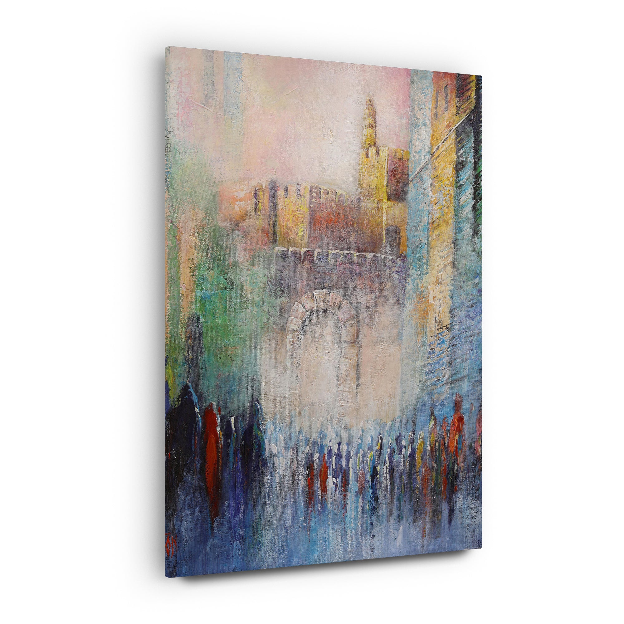 Tower of David - Colorful Jerusalem Landmark Art by Yossi Bitton; vibrant painting of a city scene featuring historical architecture and people, crafted on durable acrylic.