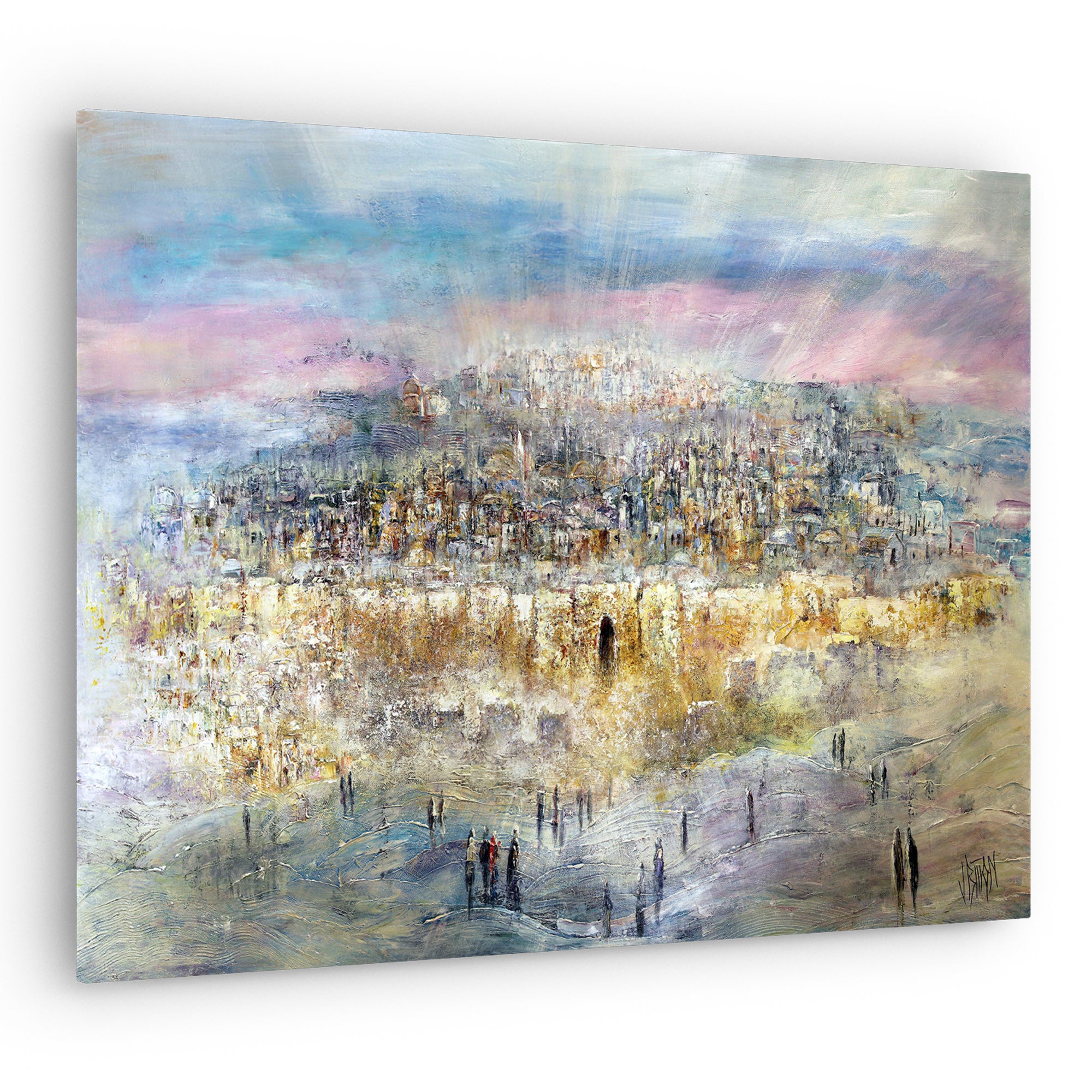 Glorious Jerusalem - Colorful Cityscape Art Print by Yossi Bitton, depicting a vibrant cityscape with people walking, capturing Jerusalem's essence and cultural beauty.