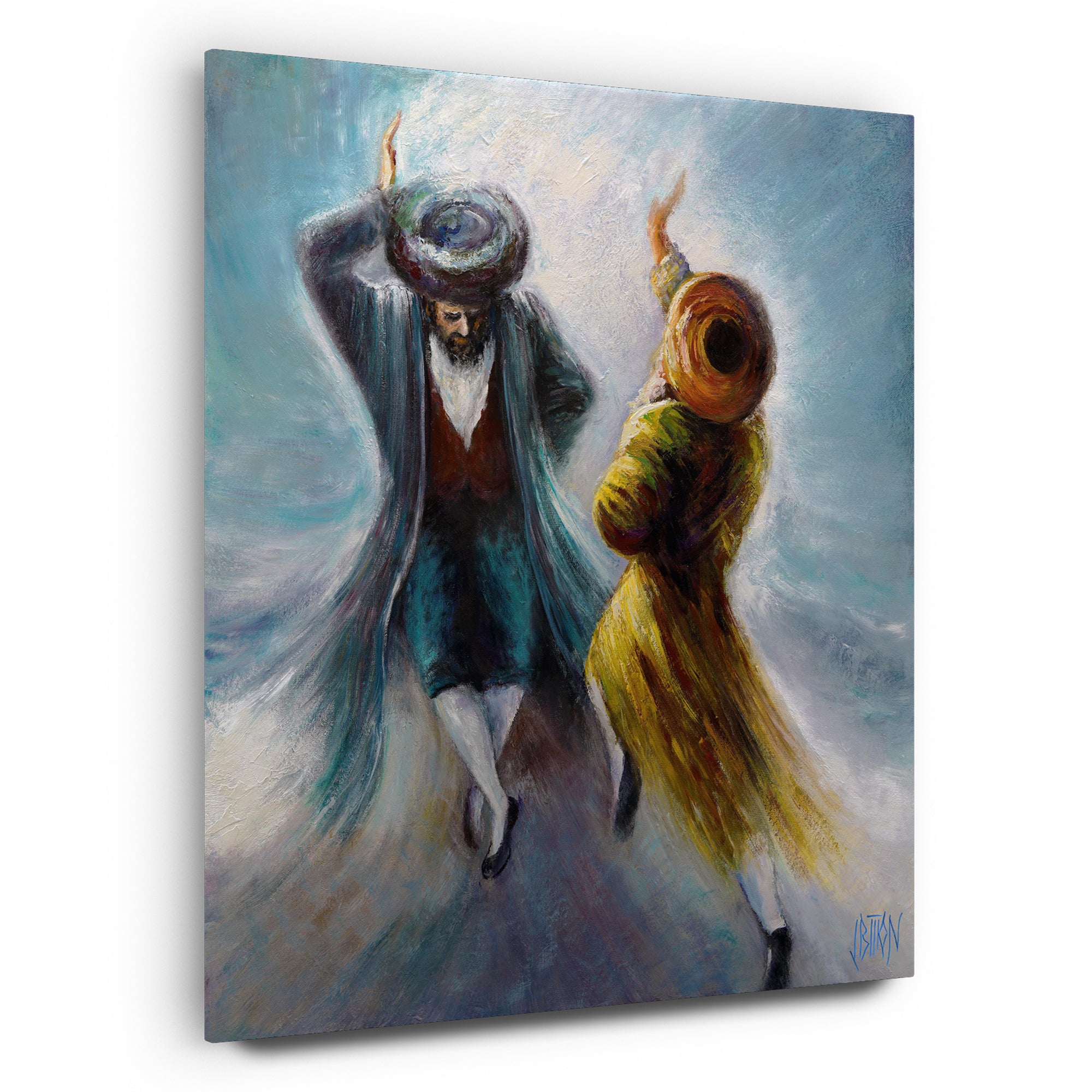 Purple and Blue Chassidic Dance Print by Yossi Bitton, showcasing a joyful dance of two Chassidim in vibrant art style, perfect for Jewish heritage celebrations.