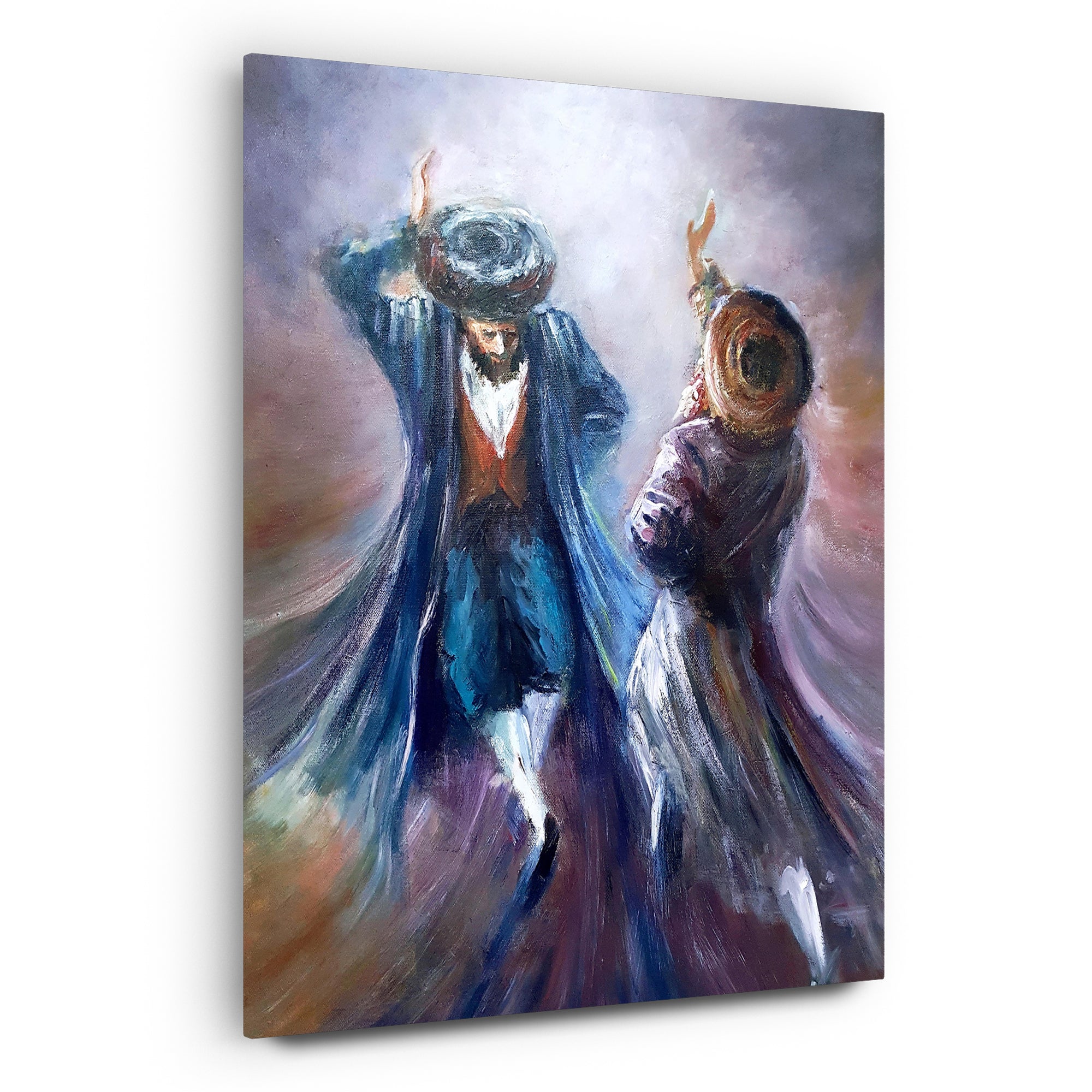 Colorful Chassidic Dance Art Print by Yossi Bitton, showcasing two men dancing joyously, highlighting vibrant Jewish themes in a modern artistic style.