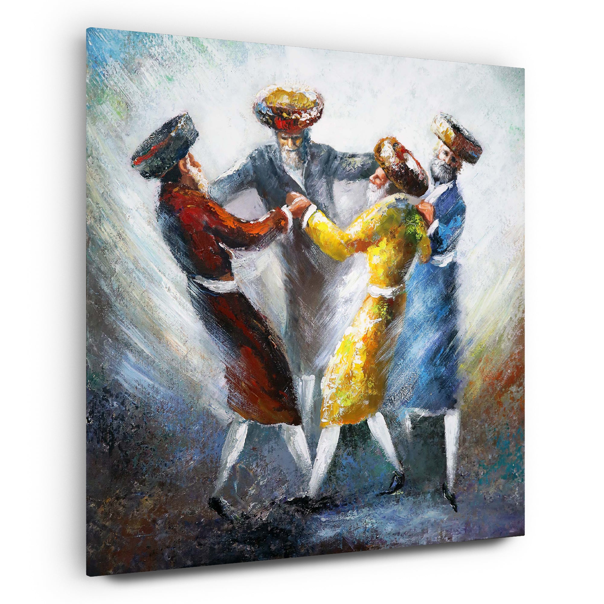 Dveykus: Colorful Chassidic Dance - Modern Jewish Art Print by Yossi Bitton, depicting Chassidic men dancing, symbolizing spiritual unity, on high-quality acrylic glass.