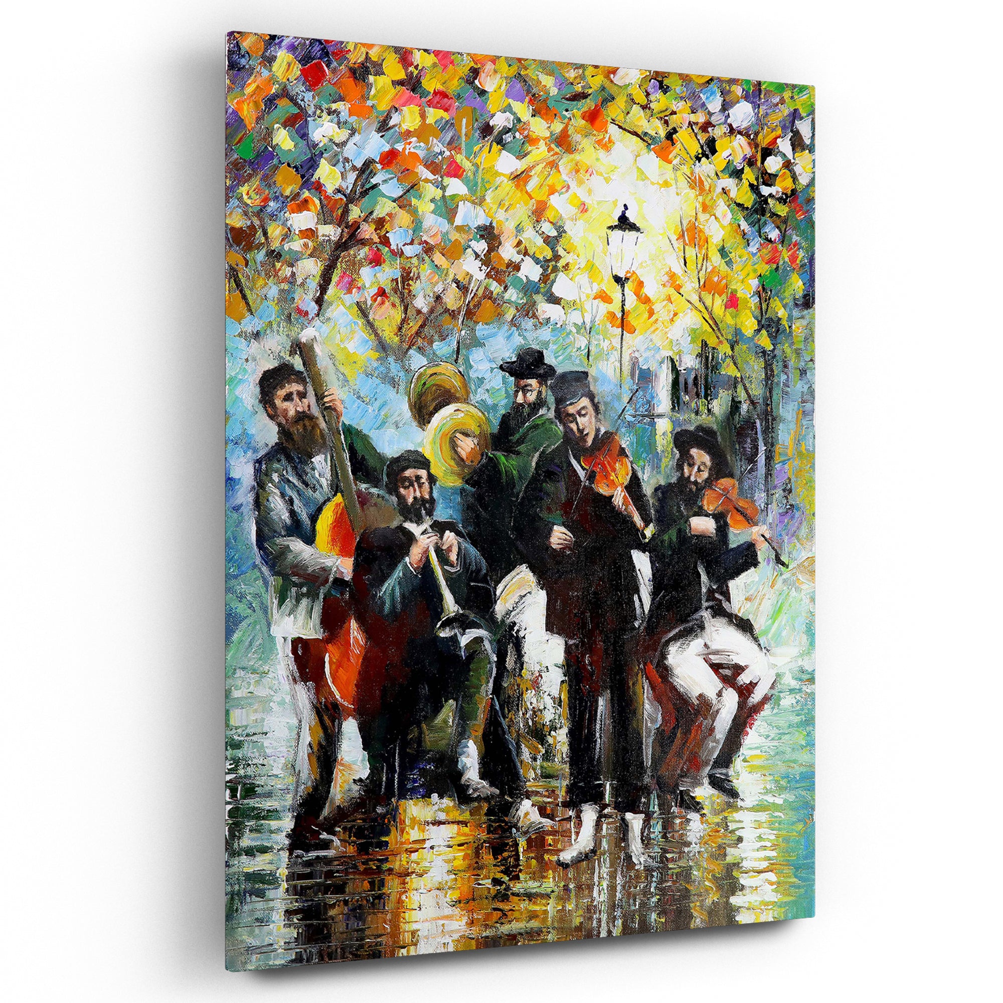 Holy Melodies: Jewish Band Street Performance by Yossi Bitton, featuring musicians playing under a vibrant tree, ideal for modern Jewish wall decor.