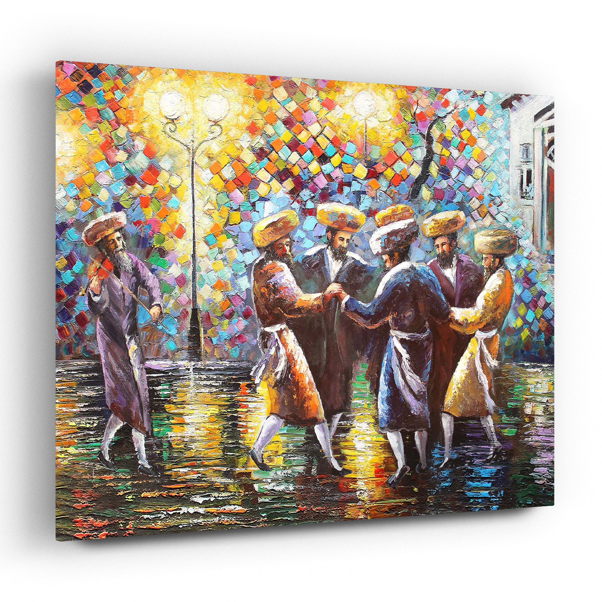 Chassidic Street Dance Art Print by Yossi Bitton, depicting joyful Chassidic men dancing in a vibrant urban setting, capturing Jewish cultural celebration.