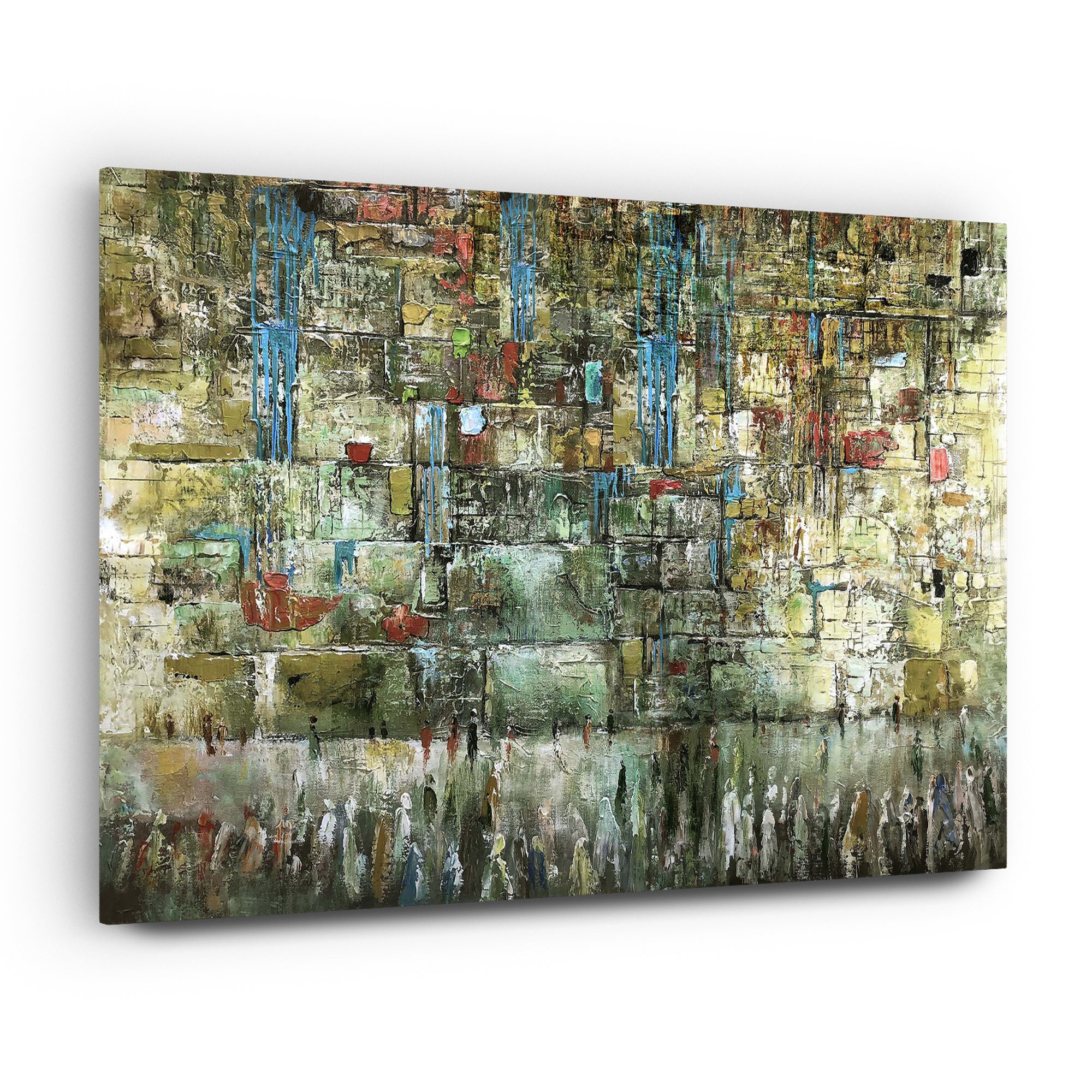 The Western Wall Metallic - Green Tones Abstract Art by Yossi Bitton depicts an abstract interpretation of Jerusalem's Western Wall on acrylic, featuring modern green metallic tones.
