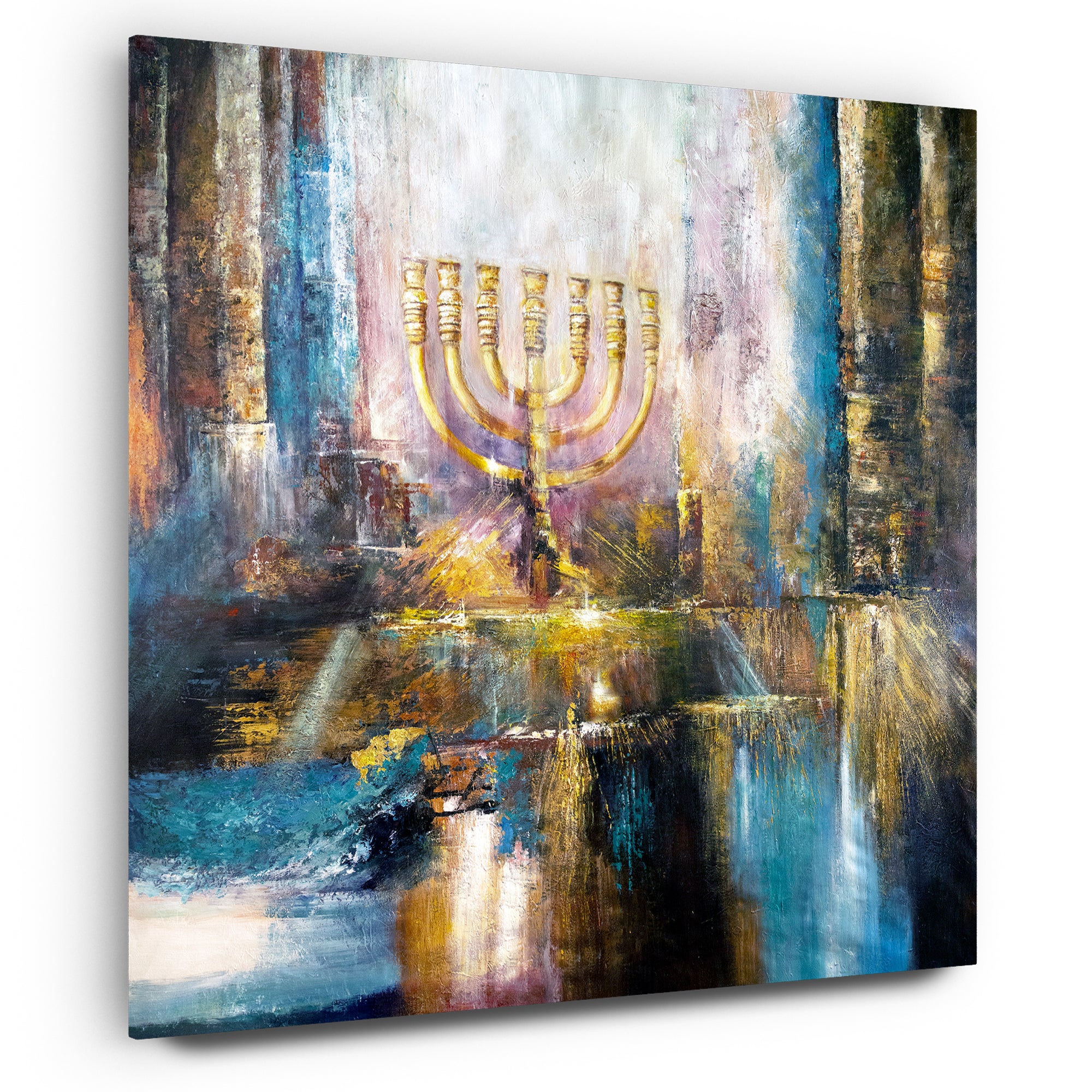The Menorah - Modern Jewish Art Print of Beit Hamikdash Symbol by Yossi Bitton, abstractly depicting a Menorah with vibrant texture, ready to hang.