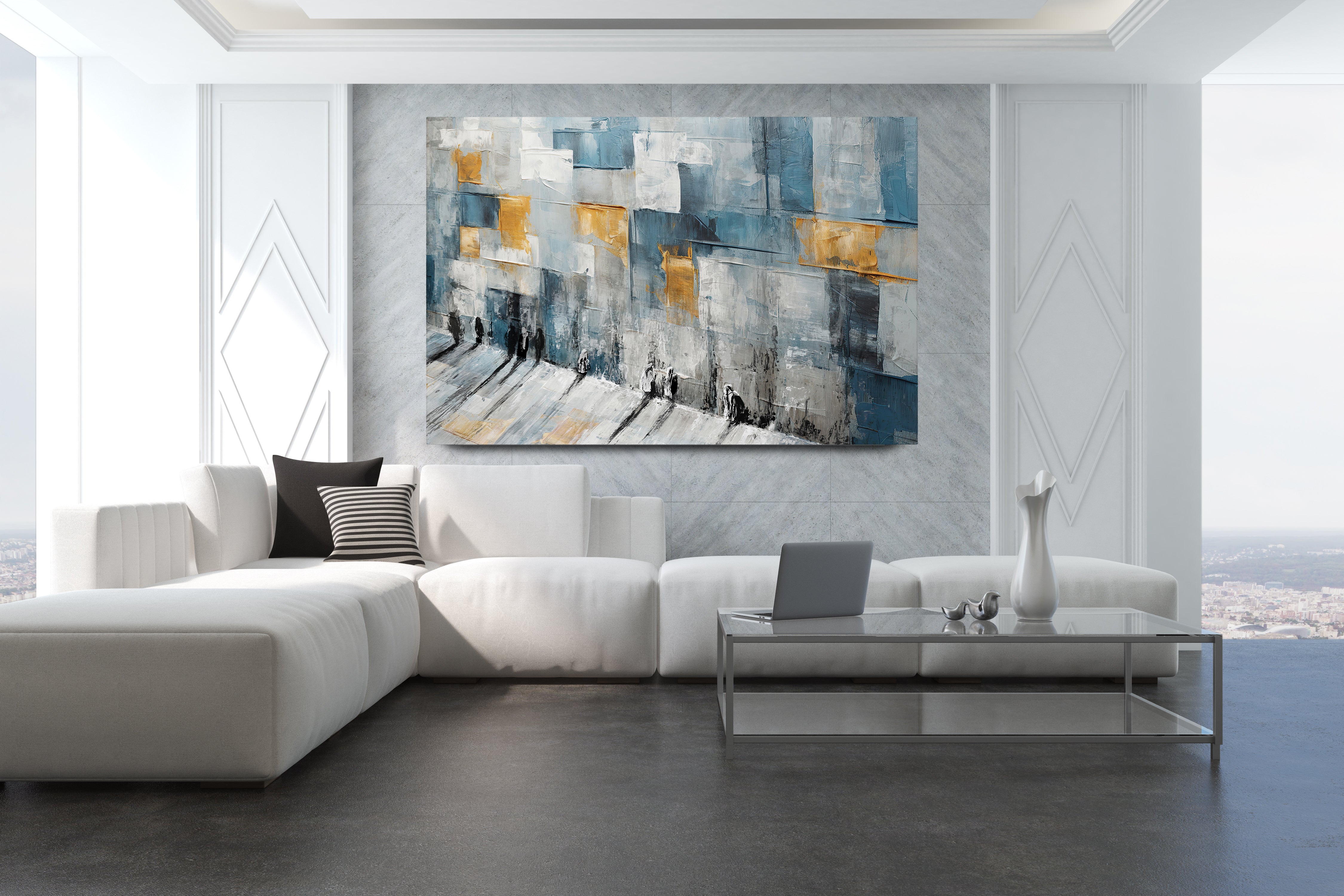 Avigdor Ben Ari - Prayers Woven in Color - Western Wall Judaica Art on display above a white couch with striped pillows and decorative vases.