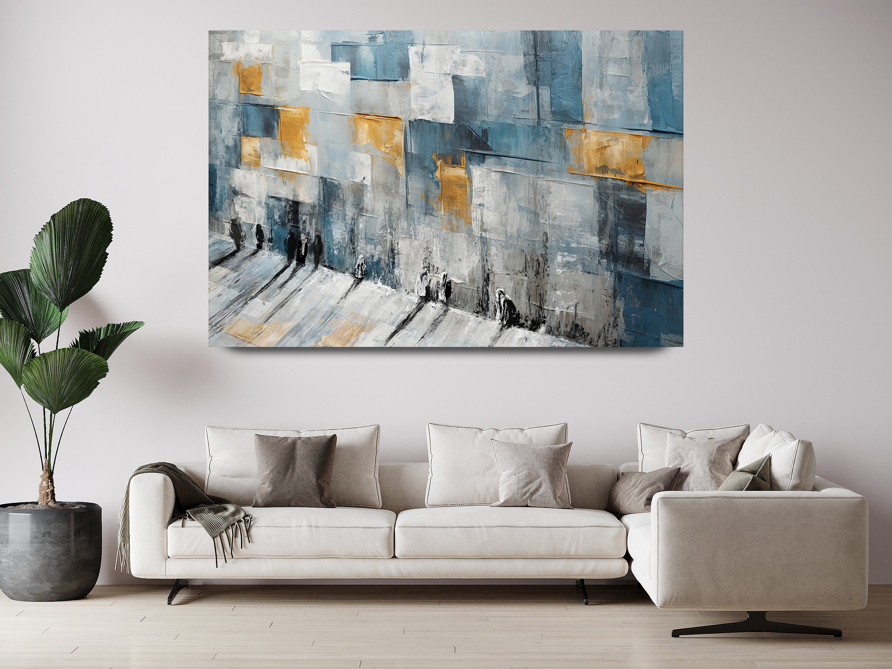 Avigdor Ben Ari - Prayers Woven in Color - Western Wall Judaica Art displayed above a white couch, highlighting its spiritual and contemporary essence.